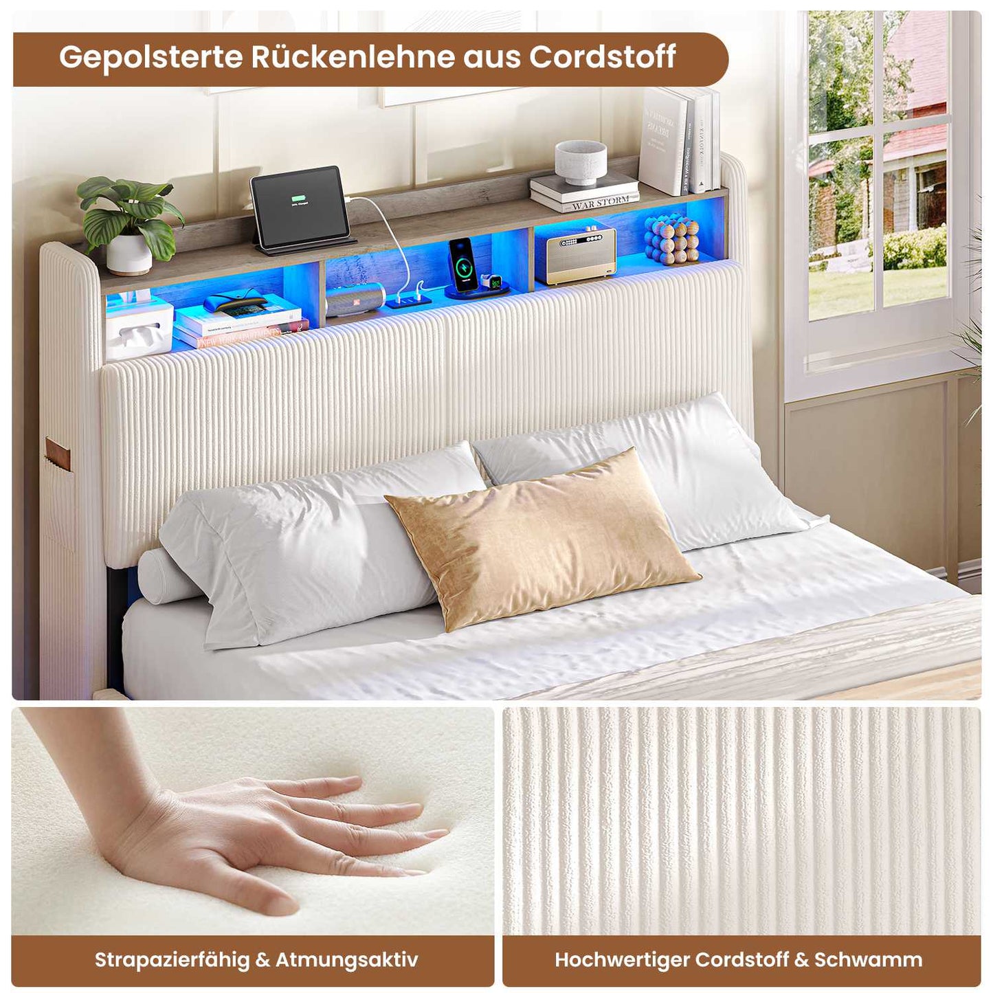AOGLLATI Polsterbett 140x190 mit Stauraum Schwebebett mit 270°-LED-Beleuchtung Jugendbett mit Ladestation Doppelbett Bettgestell mit Stauraum Kopfteil