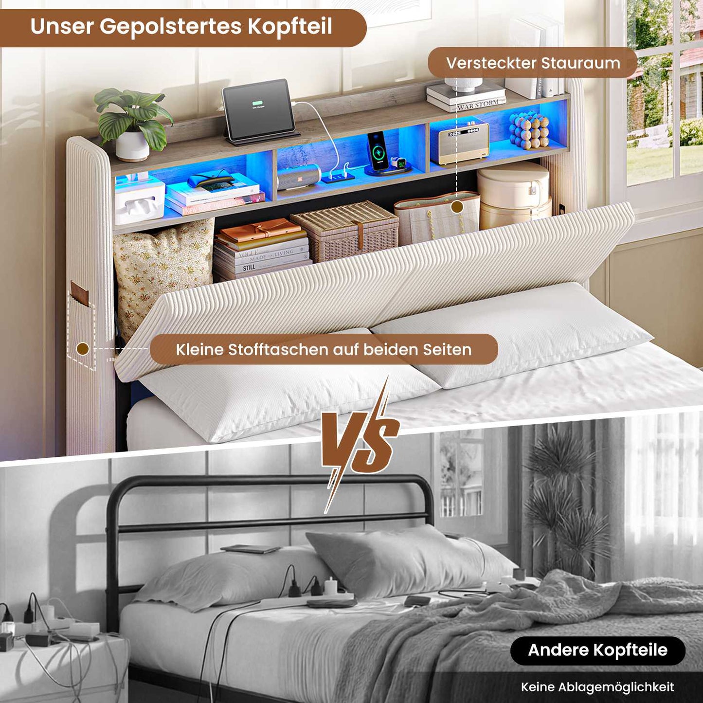 AOGLLATI Polsterbett 140x190 mit Stauraum Schwebebett mit 270°-LED-Beleuchtung Jugendbett mit Ladestation Doppelbett Bettgestell mit Stauraum Kopfteil