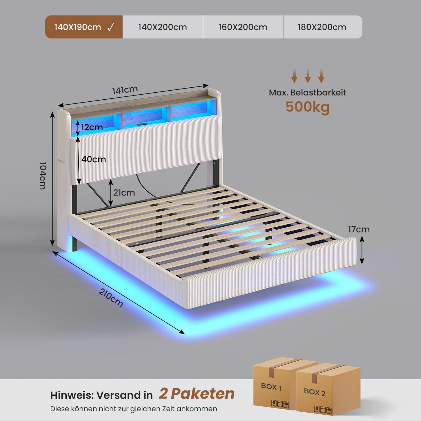 AOGLLATI Polsterbett 140x190 mit Stauraum Schwebebett mit 270°-LED-Beleuchtung Jugendbett mit Ladestation Doppelbett Bettgestell mit Stauraum Kopfteil