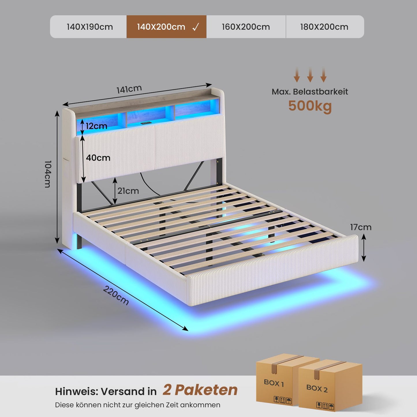 AOGLLATI Polsterbett 140x200 mit Stauraum Schwebebett mit 270°-LED-Beleuchtung Jugendbett mit Ladestation Doppelbett Bettgestell mit Stauraum Kopfteil