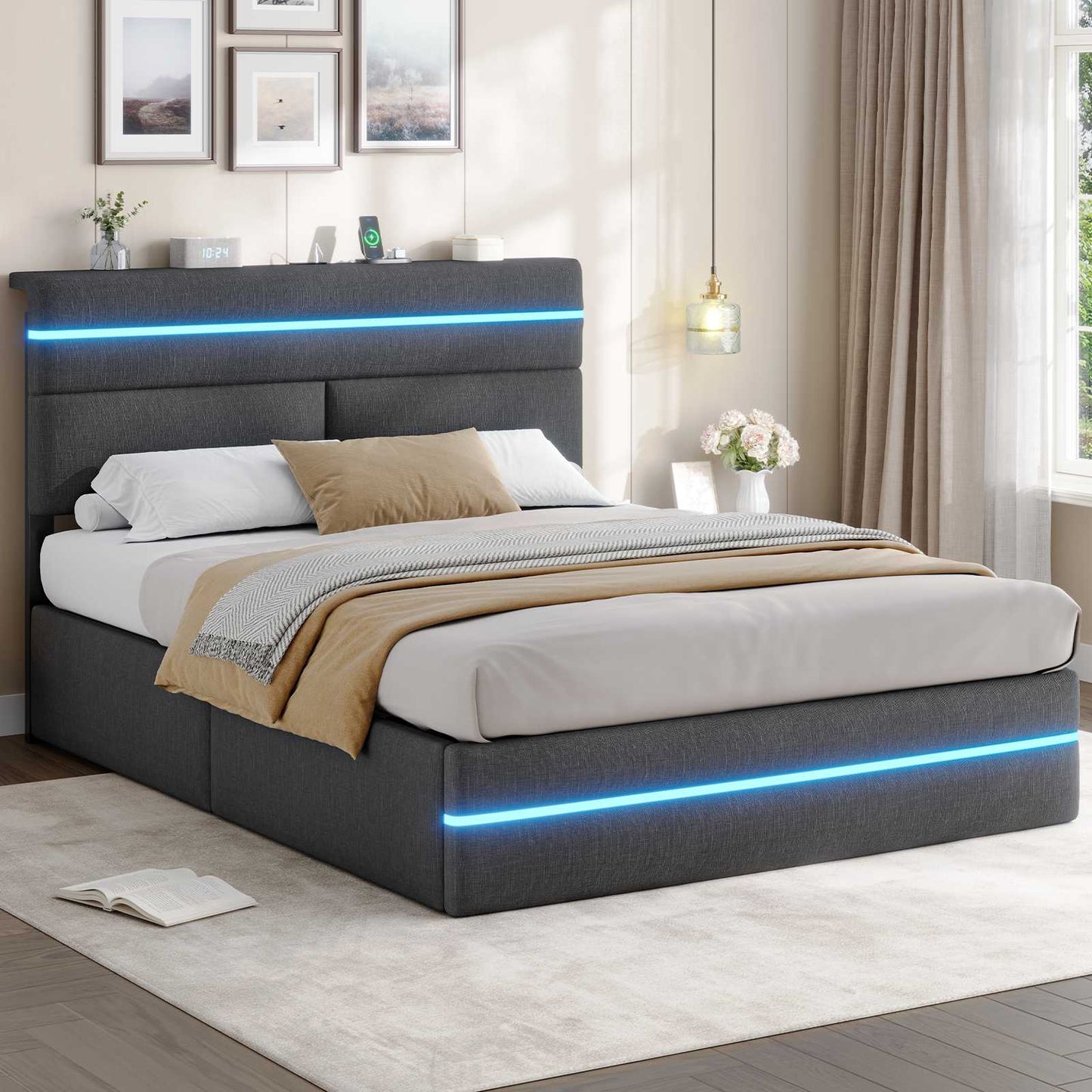 AOGLLATI Bett 140x190 mit Hydraulischem Stauraum Polsterbett Doppelbett mit LED-Kopfteil & Ladestation Jugendbett mit Lattenrost