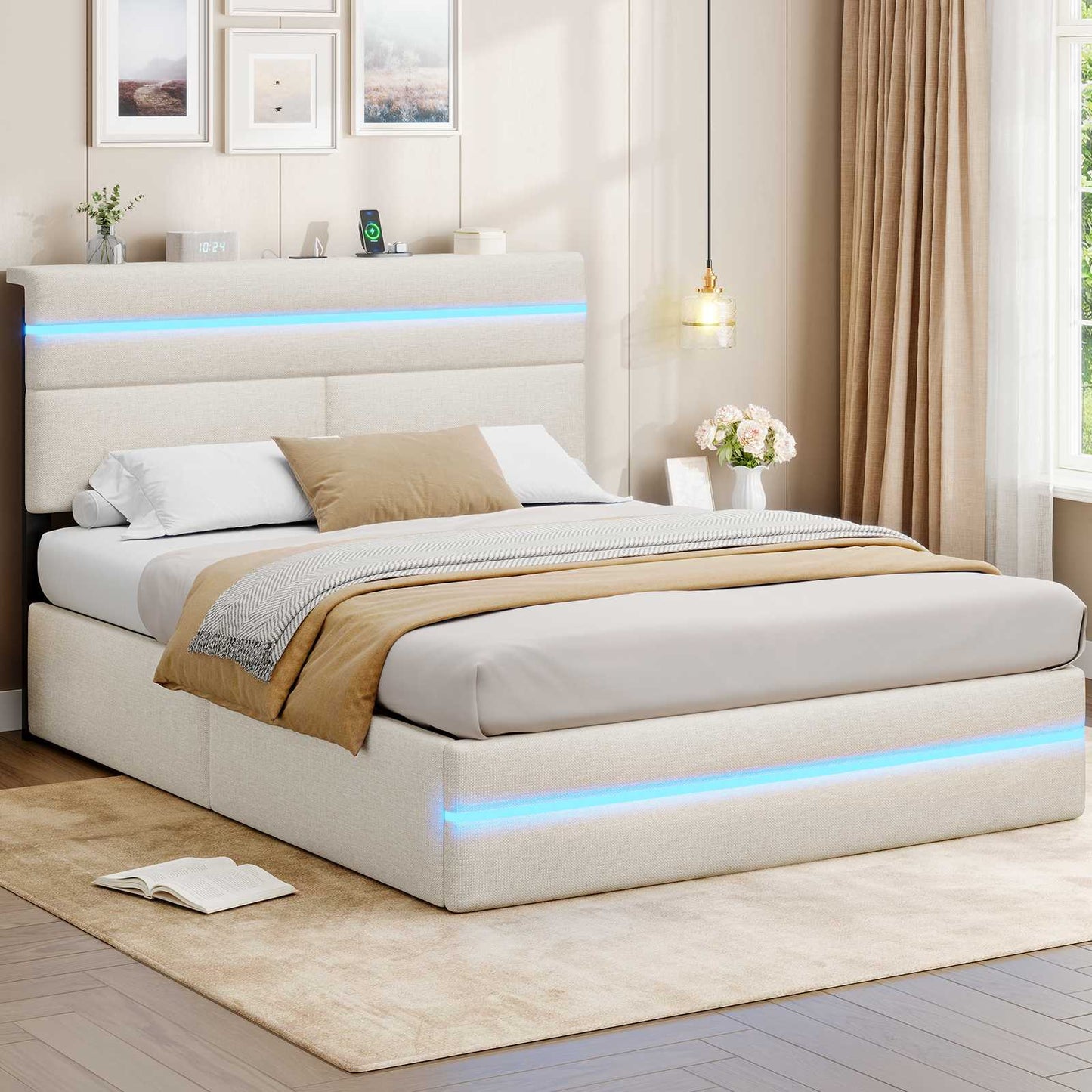 AOGLLATI Bett 140x190 mit Hydraulischem Stauraum Polsterbett Doppelbett mit LED-Kopfteil & Ladestation Jugendbett mit Lattenrost