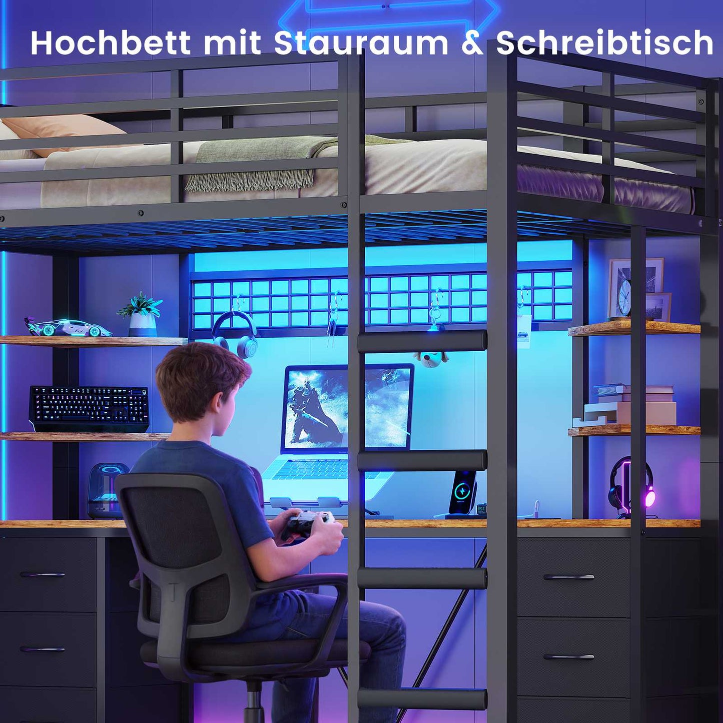 AOGLLATI Hochbett 90x200 cm mit Integriertem Schreibtisch Jugendbett Etagenbett mit Schreibtisch Loftbett 90x200 mit Stauraum