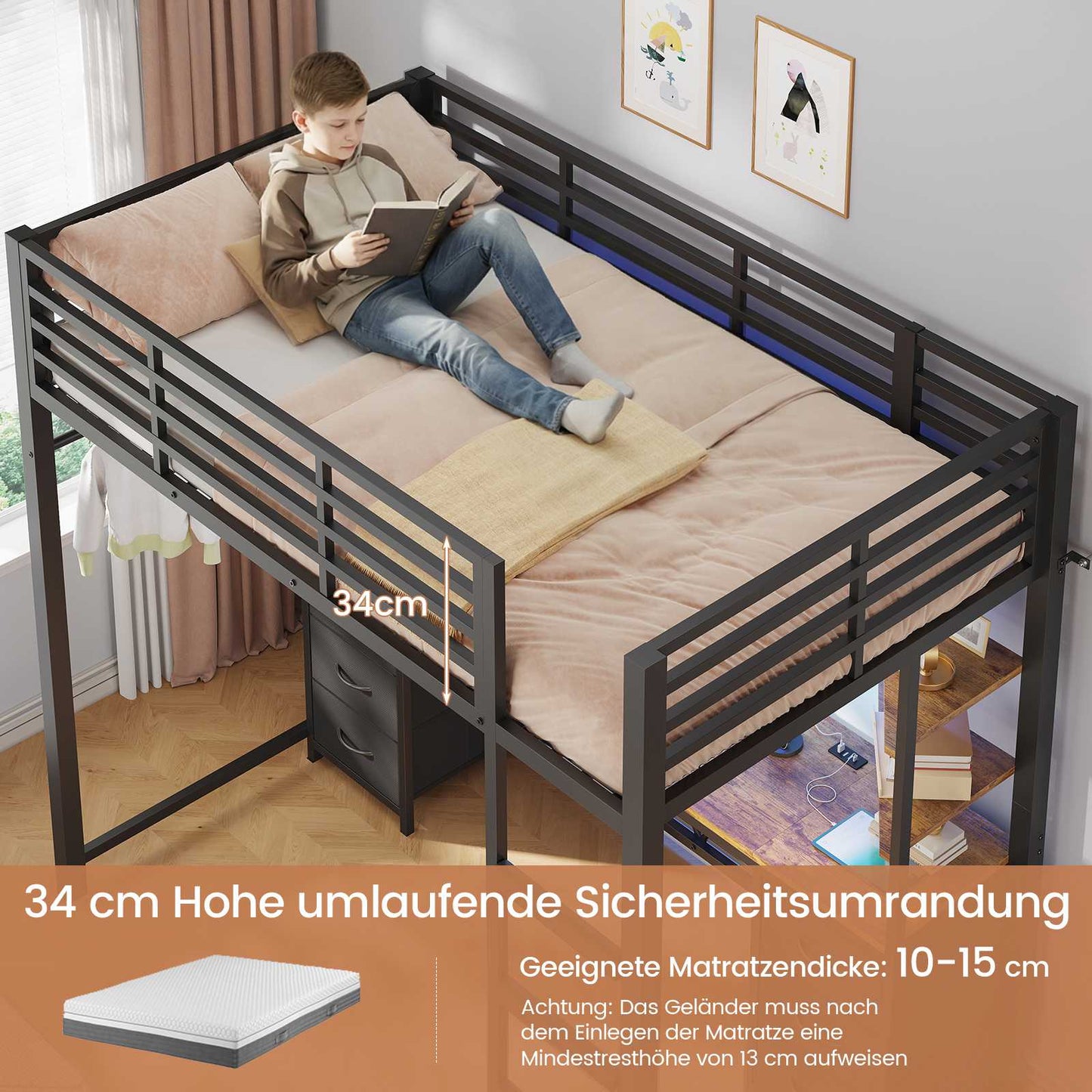 AOGLLATI Hochbett 90x200 cm mit Integriertem Schreibtisch Jugendbett Etagenbett mit Schreibtisch Loftbett 90x200 mit Stauraum
