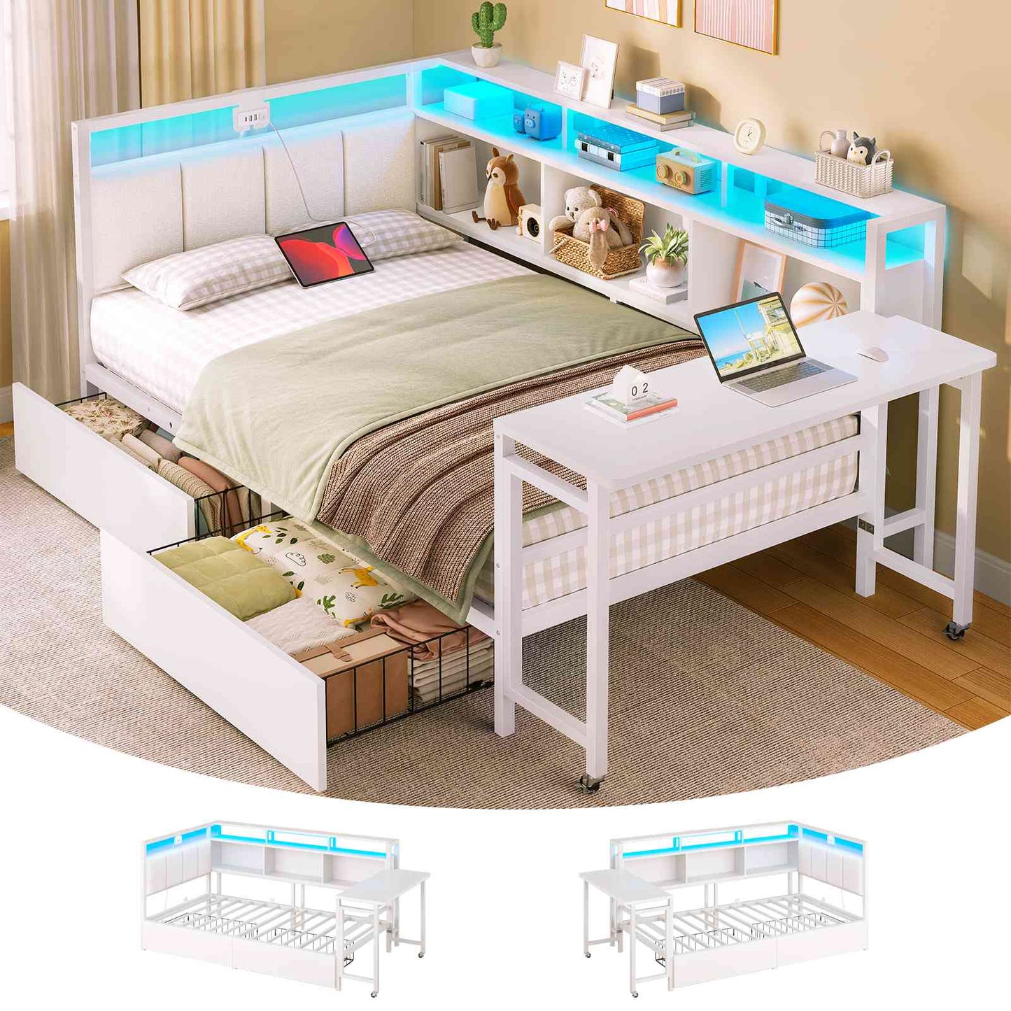 AOGLLATI Polsterbett Schlafsofa 90x190mit Tisch Schublade Bett mit Stauraum Jugendbett mit LED-Beleuchtung & Ladestation Tagesbett mit Gepolstertem Kopfteil