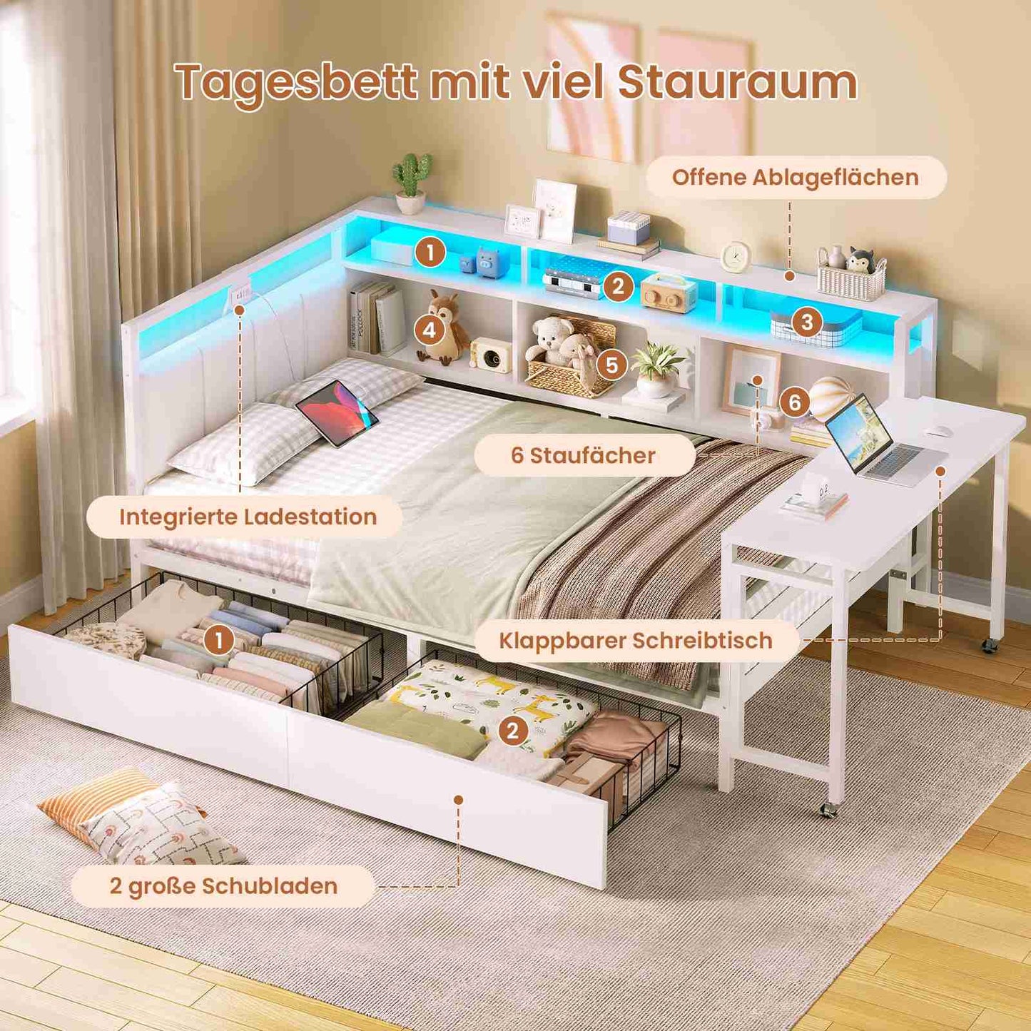 AOGLLATI Polsterbett Schlafsofa 90x200mit Tisch Schublade Bett mit Stauraum Jugendbett mit LED Tagesbett mit Gepolstertem Kopfteil