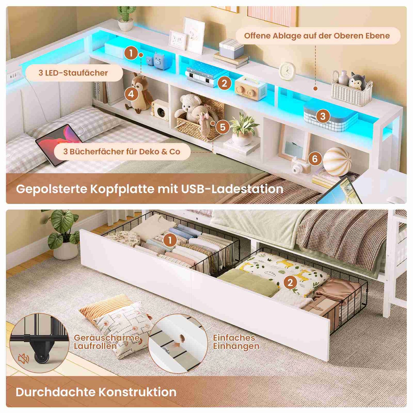 AOGLLATI Polsterbett Schlafsofa 90x200mit Tisch Schublade Bett mit Stauraum Jugendbett mit LED Tagesbett mit Gepolstertem Kopfteil