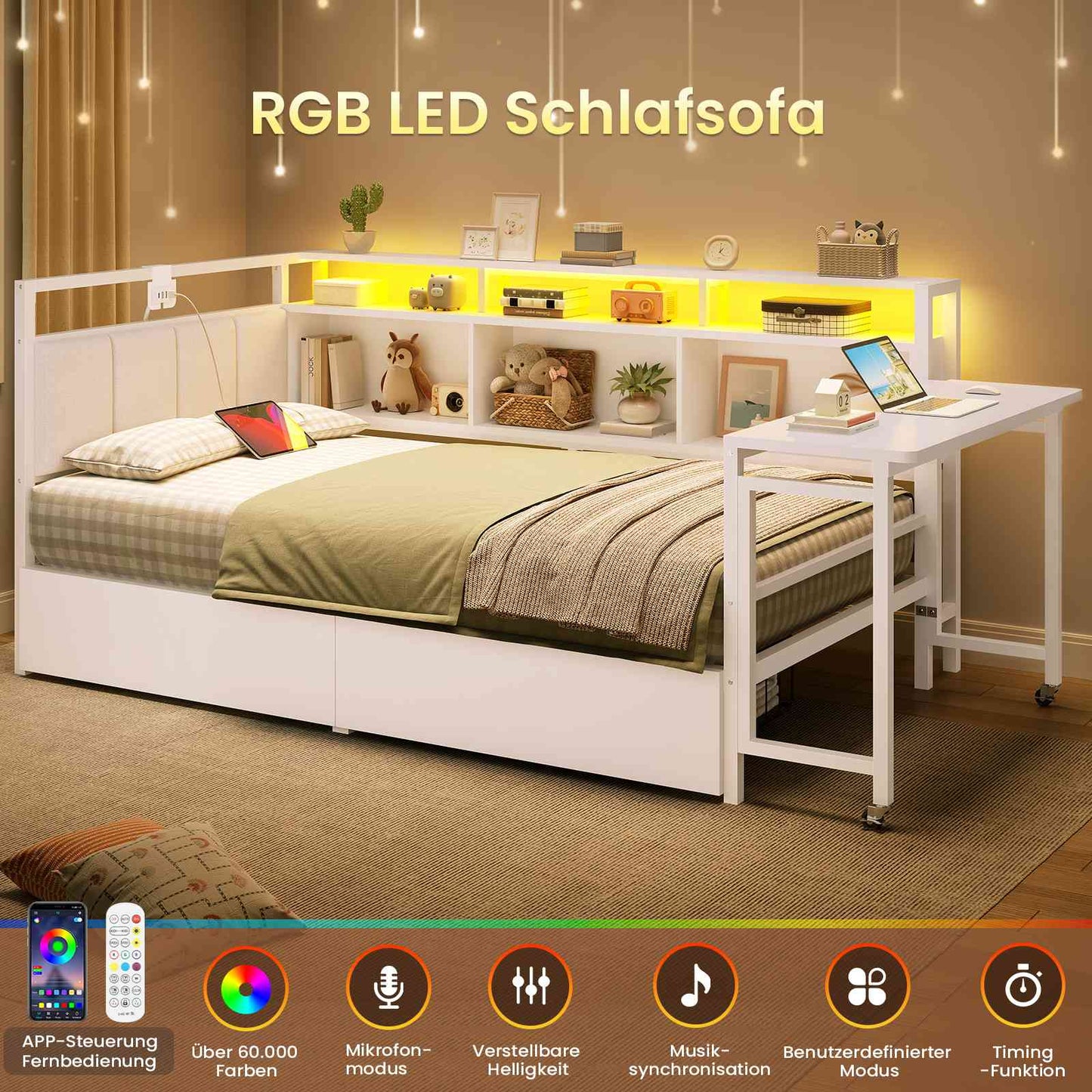 AOGLLATI Polsterbett Schlafsofa 90x200mit Tisch Schublade Bett mit Stauraum Jugendbett mit LED Tagesbett mit Gepolstertem Kopfteil