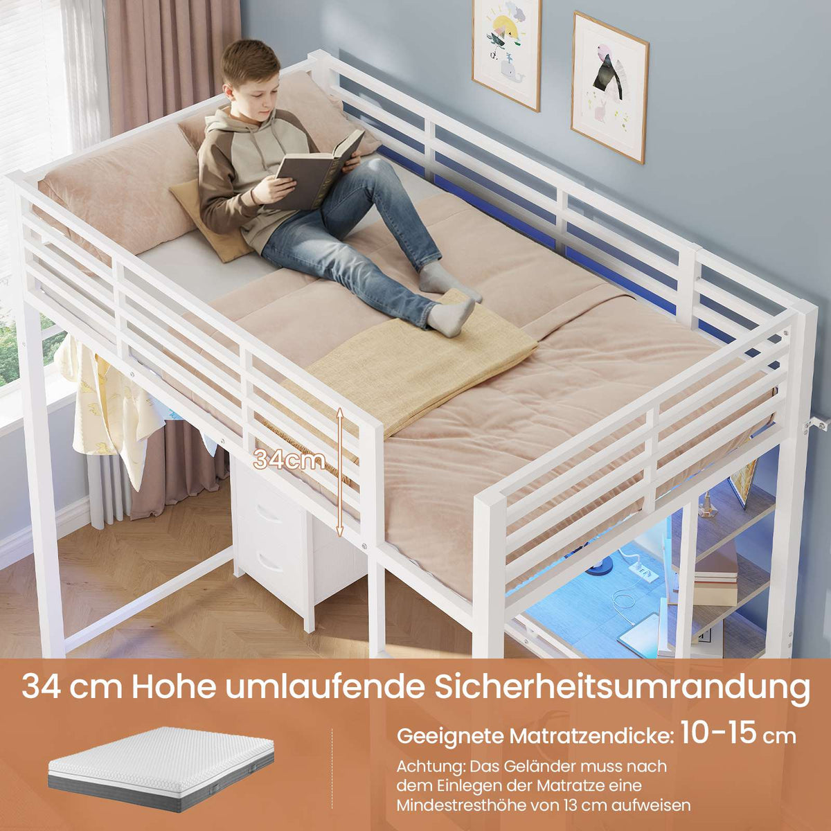 AOGLLATI Hochbett 90x200 cm mit Integriertem Schreibtisch Jugendbett Etagenbett mit Schreibtisch Loftbett 90x200 mit Stauraum