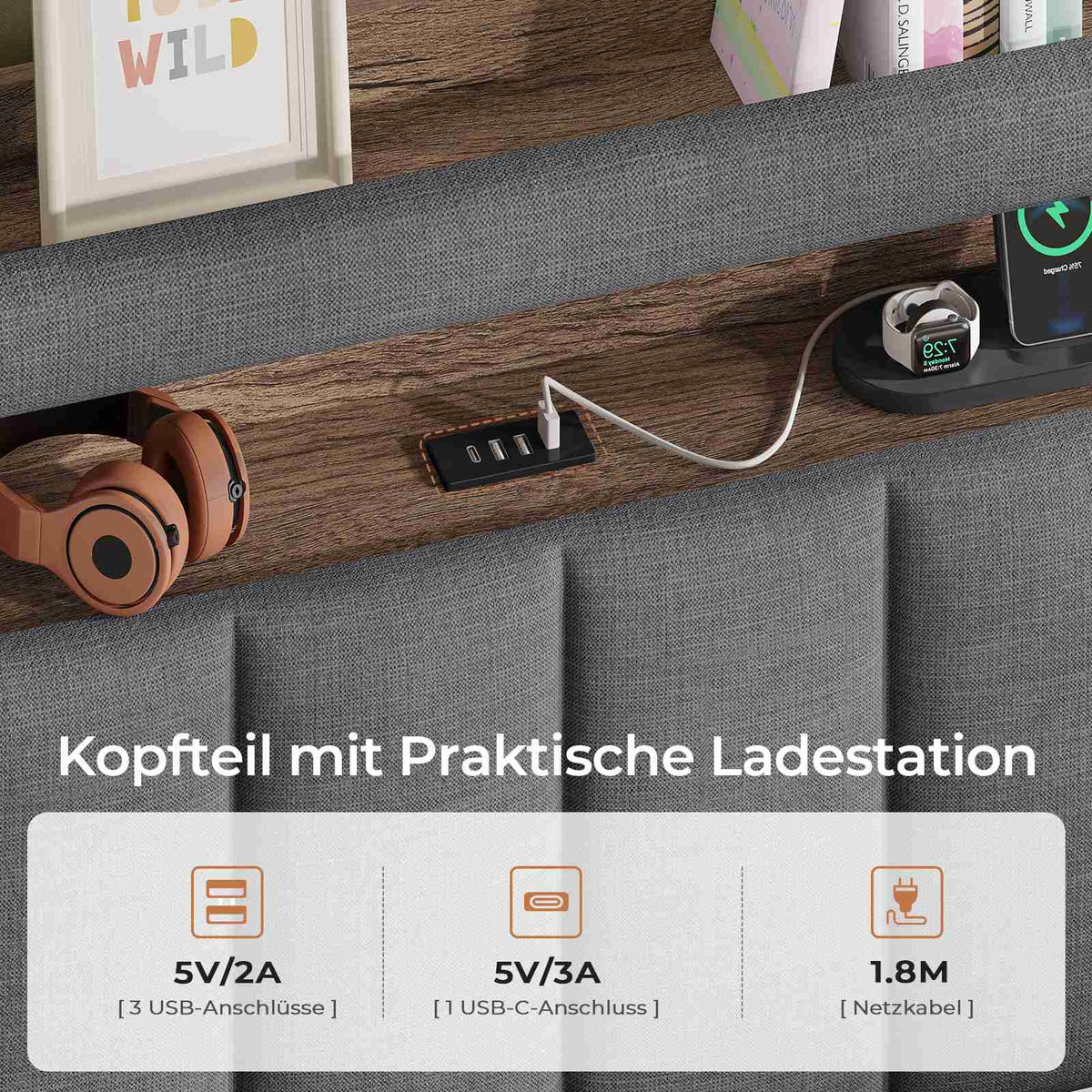 AOGLLATI Polsterbett 140x190 mit Stauraum - 4 Schubladen Jugendbett mit LED-Beleuchtung & Ladestation Doppelbett mit Kopfteil aus Samt