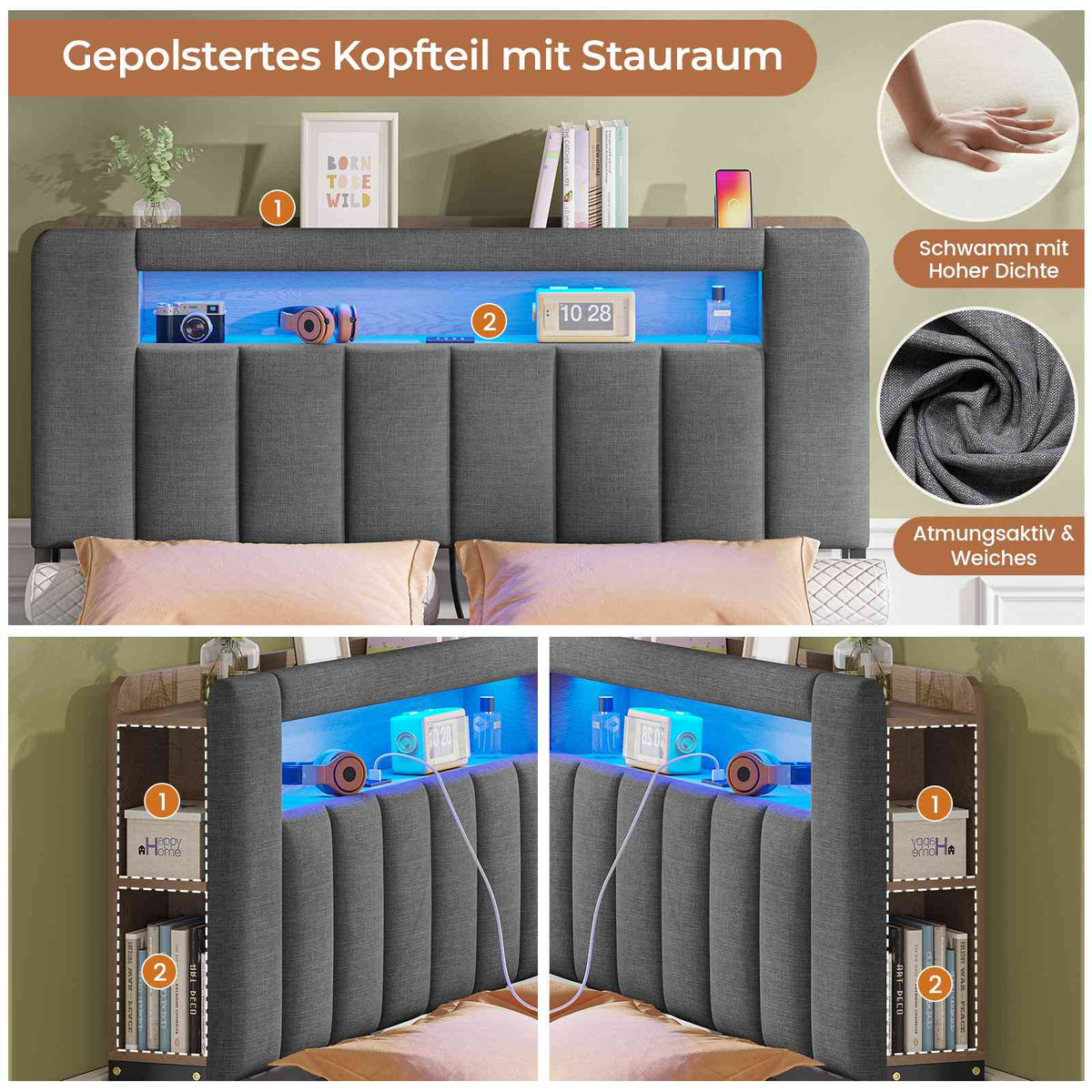 AOGLLATI Polsterbett 140x190 mit Stauraum - 4 Schubladen Jugendbett mit LED-Beleuchtung & Ladestation Doppelbett mit Kopfteil aus Samt
