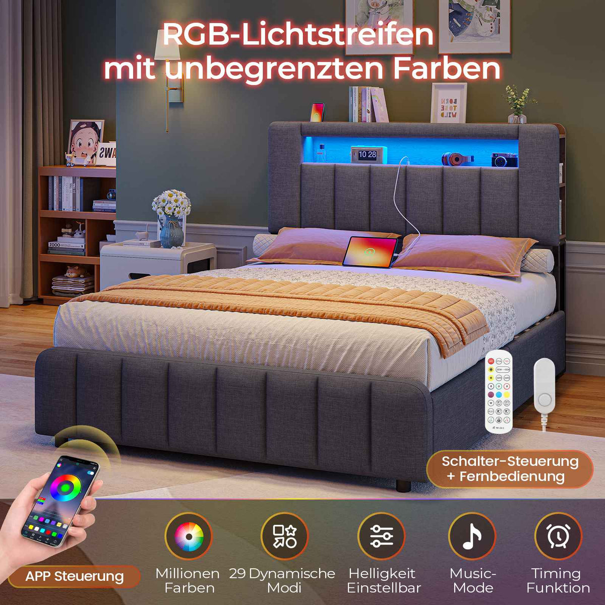 AOGLLATI Polsterbett 140x190 mit Stauraum - 4 Schubladen Jugendbett mit LED-Beleuchtung & Ladestation Doppelbett mit Kopfteil aus Samt