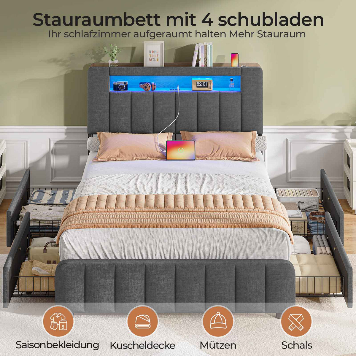 AOGLLATI Polsterbett 140x190 mit Stauraum - 4 Schubladen Jugendbett mit LED-Beleuchtung & Ladestation Doppelbett mit Kopfteil aus Samt
