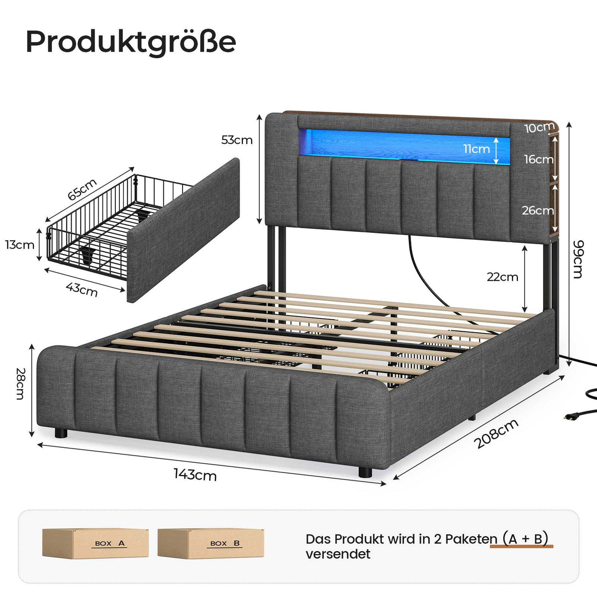 AOGLLATI Polsterbett 140x190 mit Stauraum - 4 Schubladen Jugendbett mit LED-Beleuchtung & Ladestation Doppelbett mit Kopfteil aus Samt