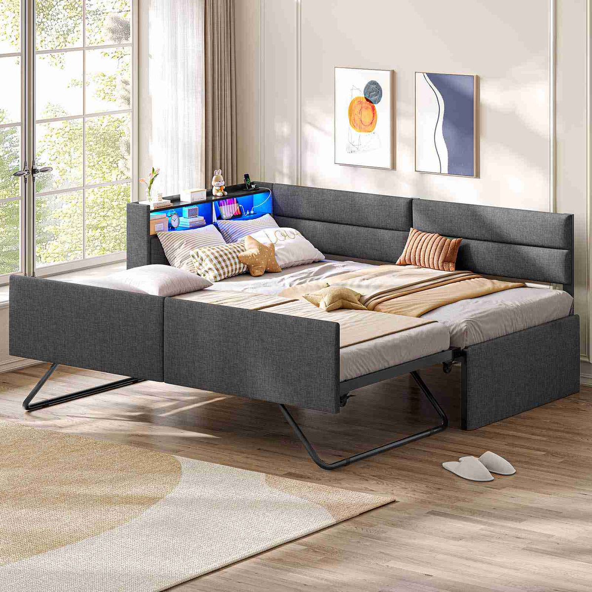 AOGLLATI Ausziehbares Schlafsofa 90/180×200 cm Tagesbett mit LED-Beleuchtung und Ladestation Polsterbett mit Ausziehbares Rollbett & Stauraum Kopfteil Einzelbett