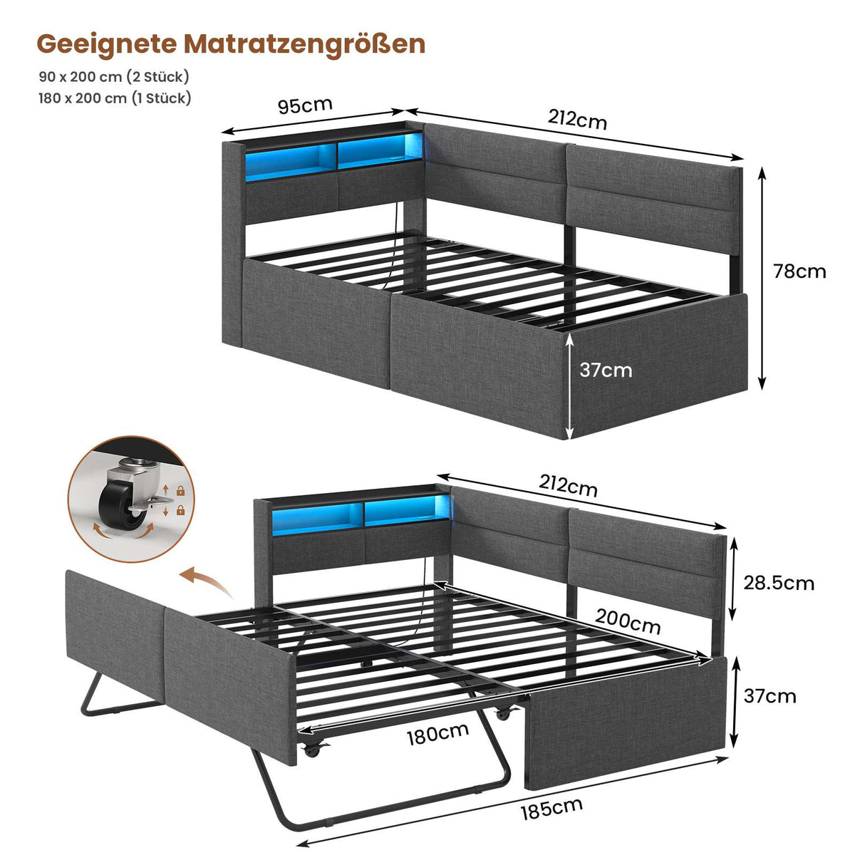 AOGLLATI Ausziehbares Schlafsofa 90/180×200 cm Tagesbett mit LED-Beleuchtung und Ladestation Polsterbett mit Ausziehbares Rollbett & Stauraum Kopfteil Einzelbett