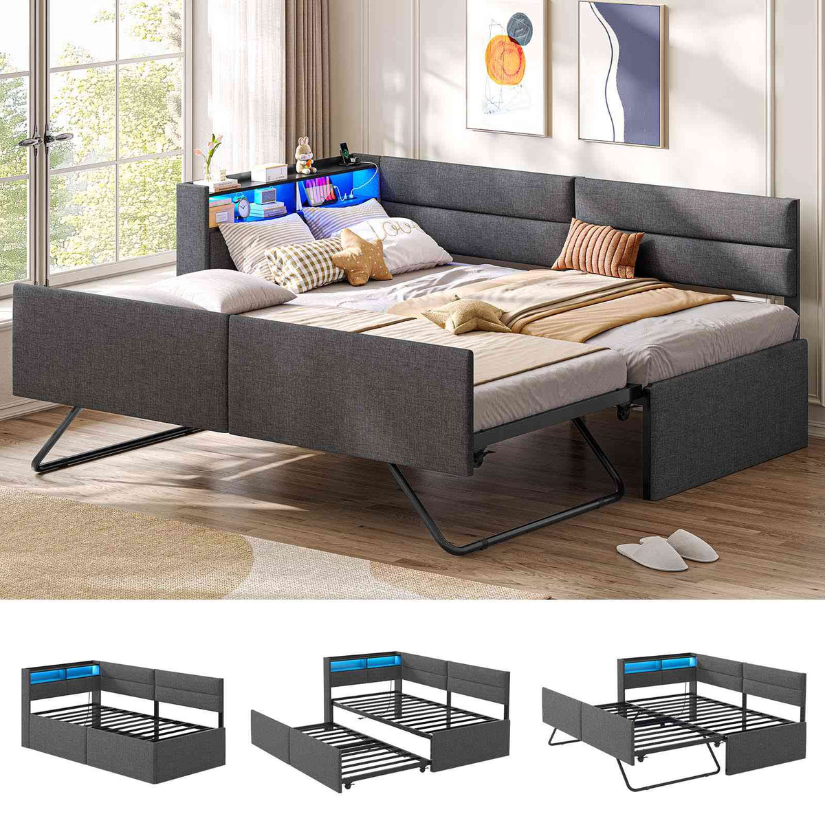 AOGLLATI Ausziehbares Schlafsofa 90/180×200 cm Tagesbett mit LED-Beleuchtung und Ladestation Polsterbett mit Ausziehbares Rollbett & Stauraum Kopfteil Einzelbett