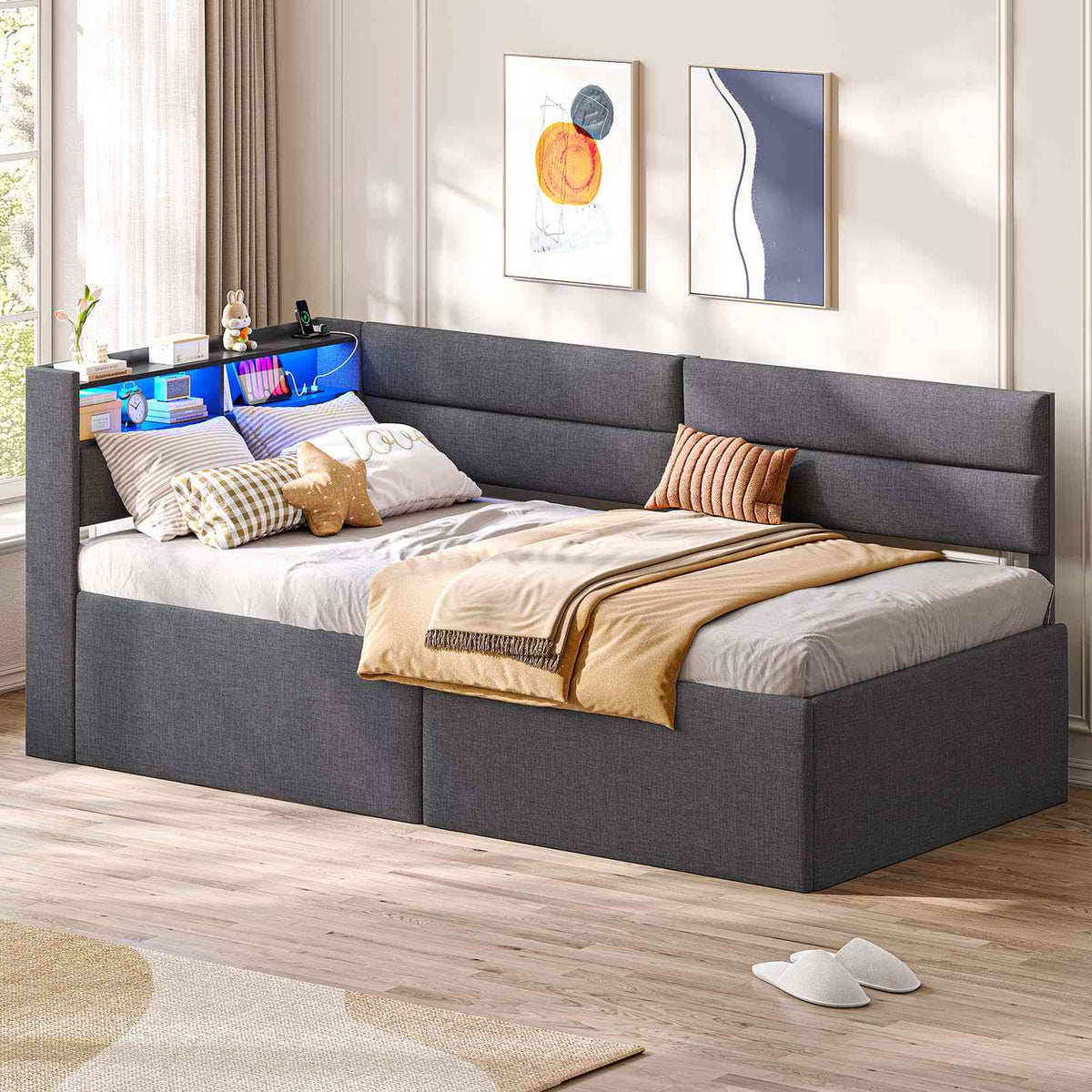 AOGLLATI Ausziehbares Schlafsofa 90/180×200 cm Tagesbett mit LED-Beleuchtung und Ladestation Polsterbett mit Ausziehbares Rollbett & Stauraum Kopfteil Einzelbett