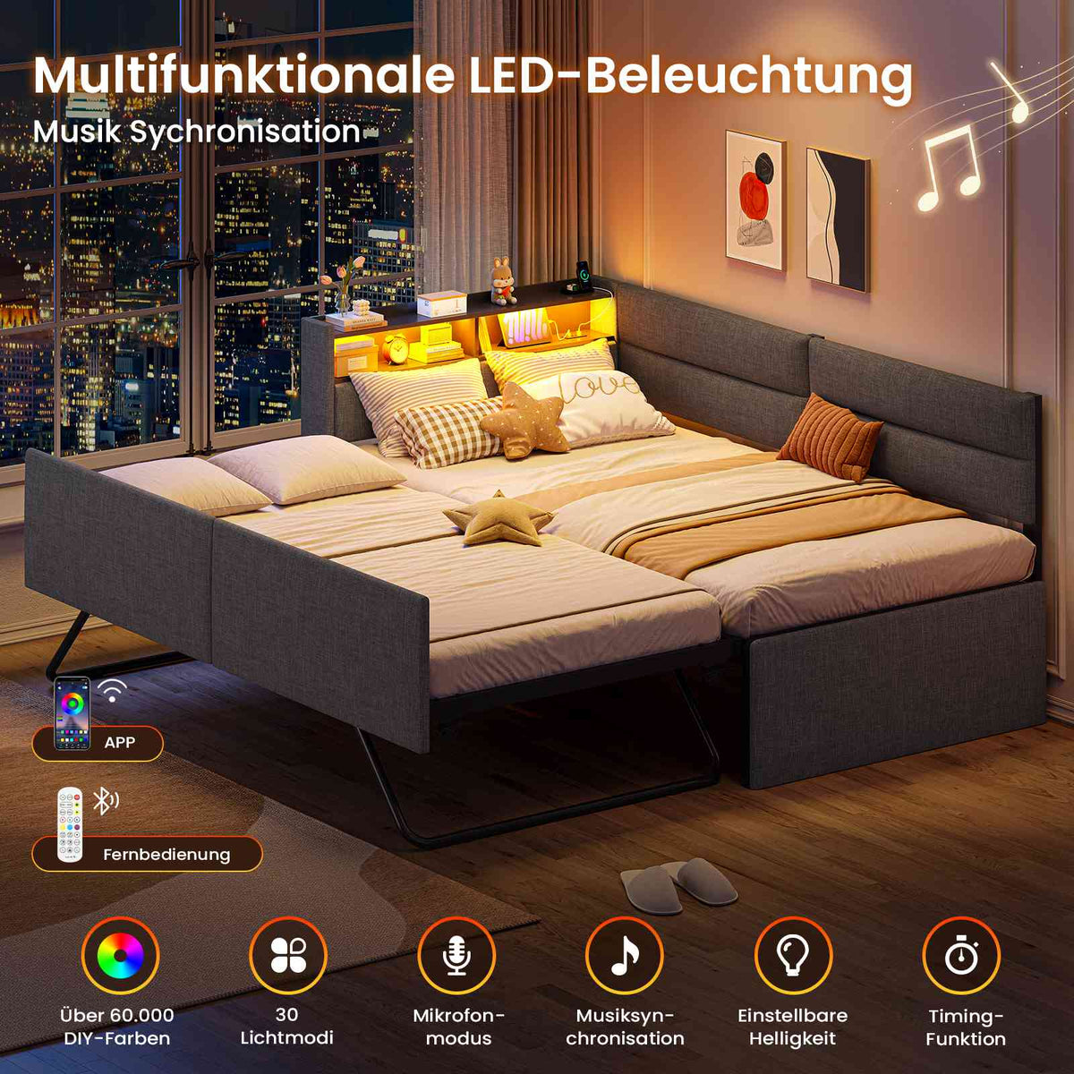 AOGLLATI Ausziehbares Schlafsofa 90/180×200 cm Tagesbett mit LED-Beleuchtung und Ladestation Polsterbett mit Ausziehbares Rollbett & Stauraum Kopfteil Einzelbett