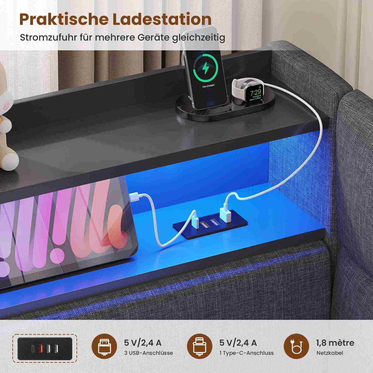 AOGLLATI Ausziehbares Schlafsofa 90/180×200 cm Tagesbett mit LED-Beleuchtung und Ladestation Polsterbett mit Ausziehbares Rollbett & Stauraum Kopfteil Einzelbett