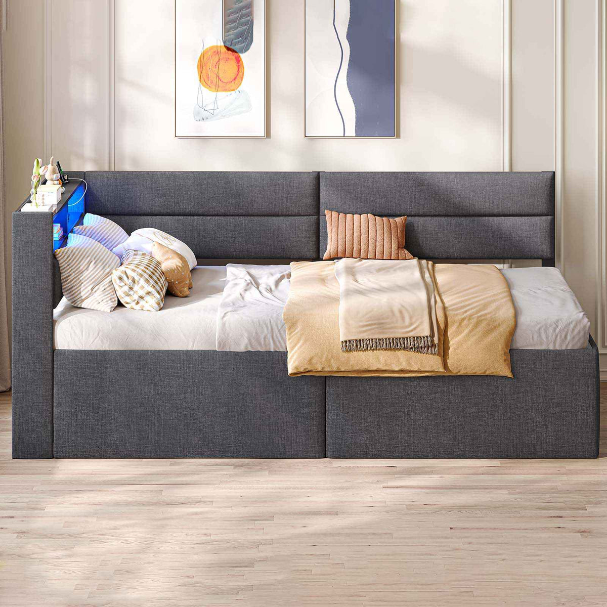 AOGLLATI Ausziehbares Schlafsofa 90/180×200 cm Tagesbett mit LED-Beleuchtung und Ladestation Polsterbett mit Ausziehbares Rollbett & Stauraum Kopfteil Einzelbett