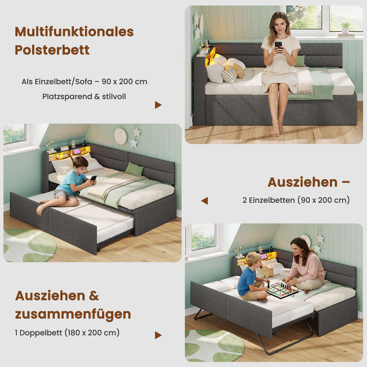 AOGLLATI Ausziehbares Schlafsofa 90/180×200 cm Tagesbett mit LED-Beleuchtung und Ladestation Polsterbett mit Ausziehbares Rollbett & Stauraum Kopfteil Einzelbett