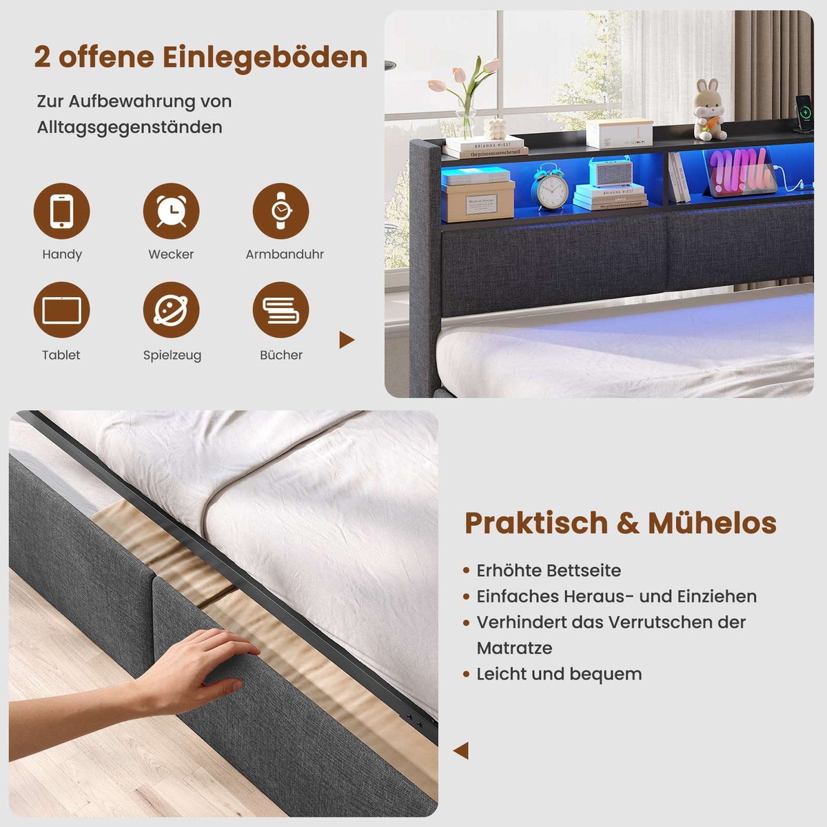 AOGLLATI Ausziehbares Schlafsofa 90/180×200 cm Tagesbett mit LED-Beleuchtung und Ladestation Polsterbett mit Ausziehbares Rollbett & Stauraum Kopfteil Einzelbett