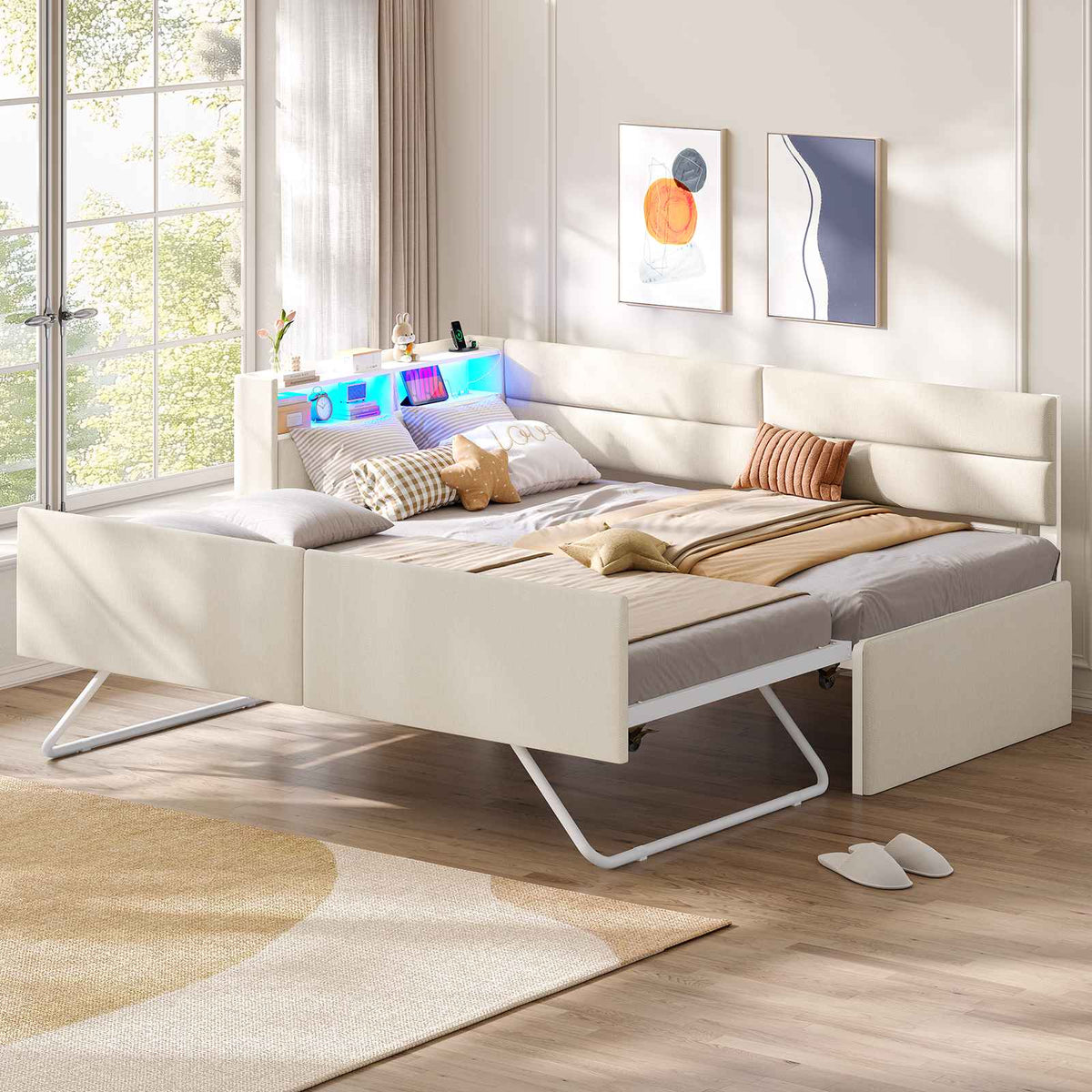 AOGLLATI Ausziehbares Schlafsofa 90/180×200 cm Tagesbett mit LED-Beleuchtung und Ladestation Polsterbett mit Ausziehbares Rollbett & Stauraum Kopfteil Einzelbett