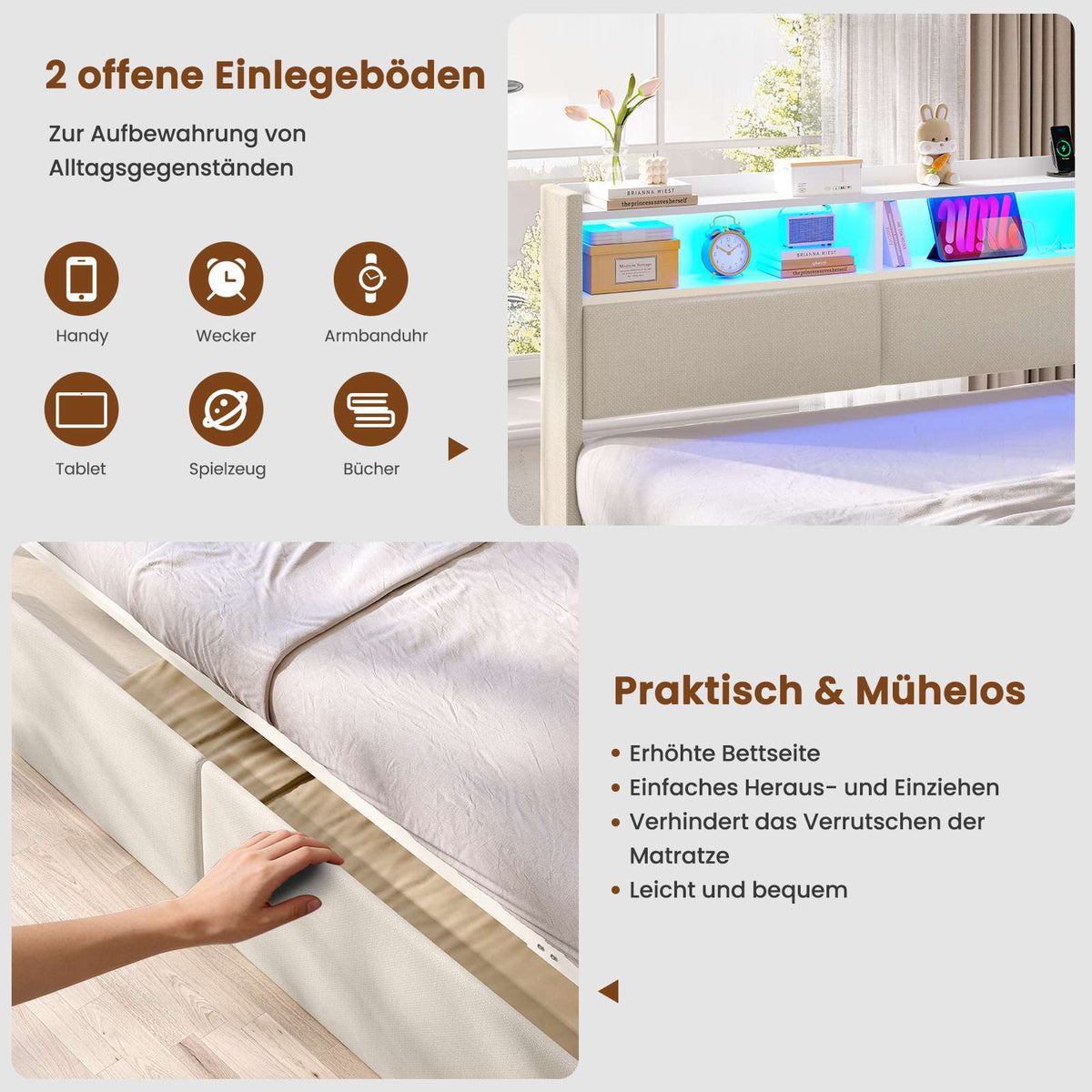 AOGLLATI Ausziehbares Schlafsofa 90/180×200 cm Tagesbett mit LED-Beleuchtung und Ladestation Polsterbett mit Ausziehbares Rollbett & Stauraum Kopfteil Einzelbett