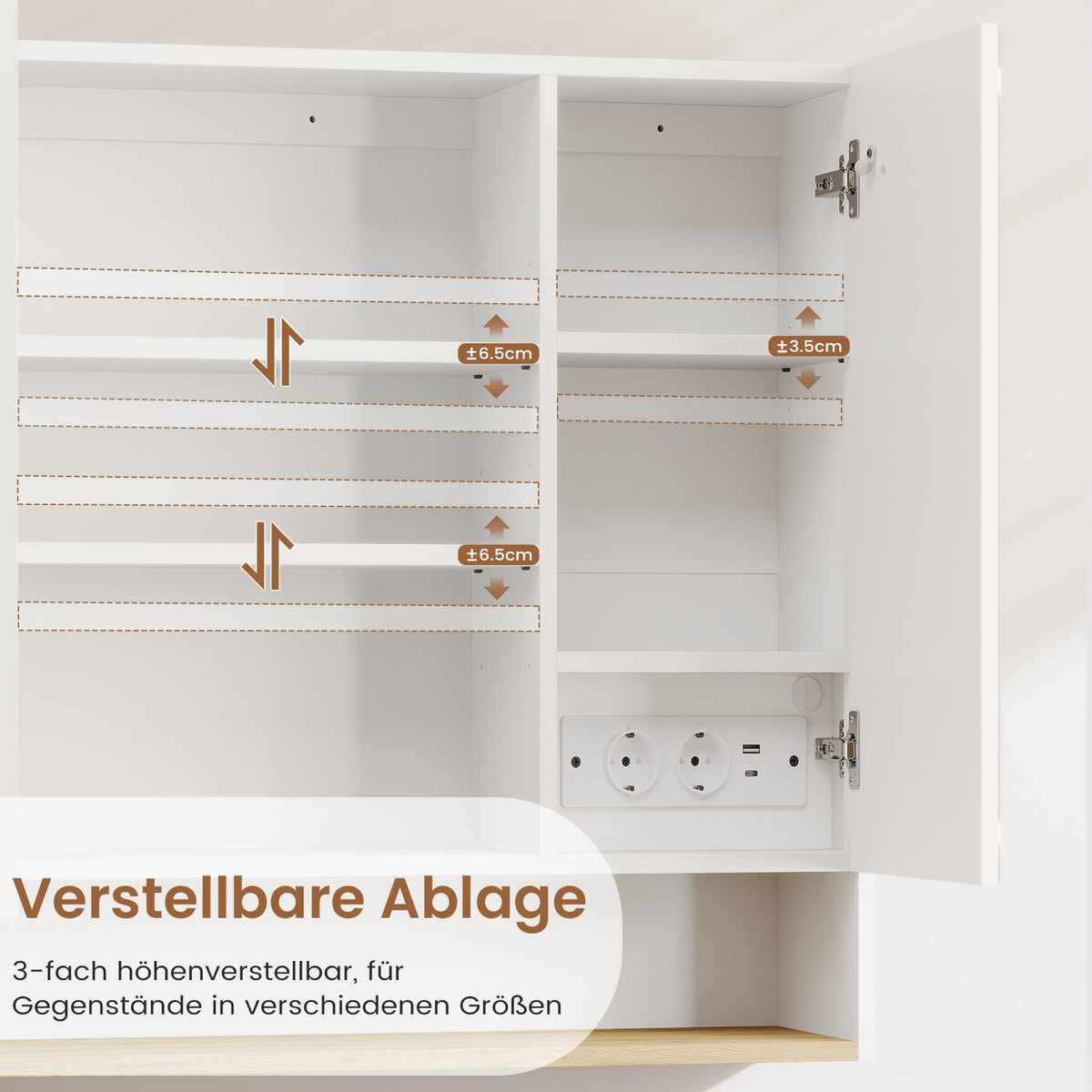 AOGLLATI Spiegelschrank Bad 80 cm breit mit LED-Beleuchtung & Steckdose Badezimmerschrank mit HD Spiegel & Verstellbarem Badschrank mit 2 Türen 3 Farbtemperaturen & Dimmbarer