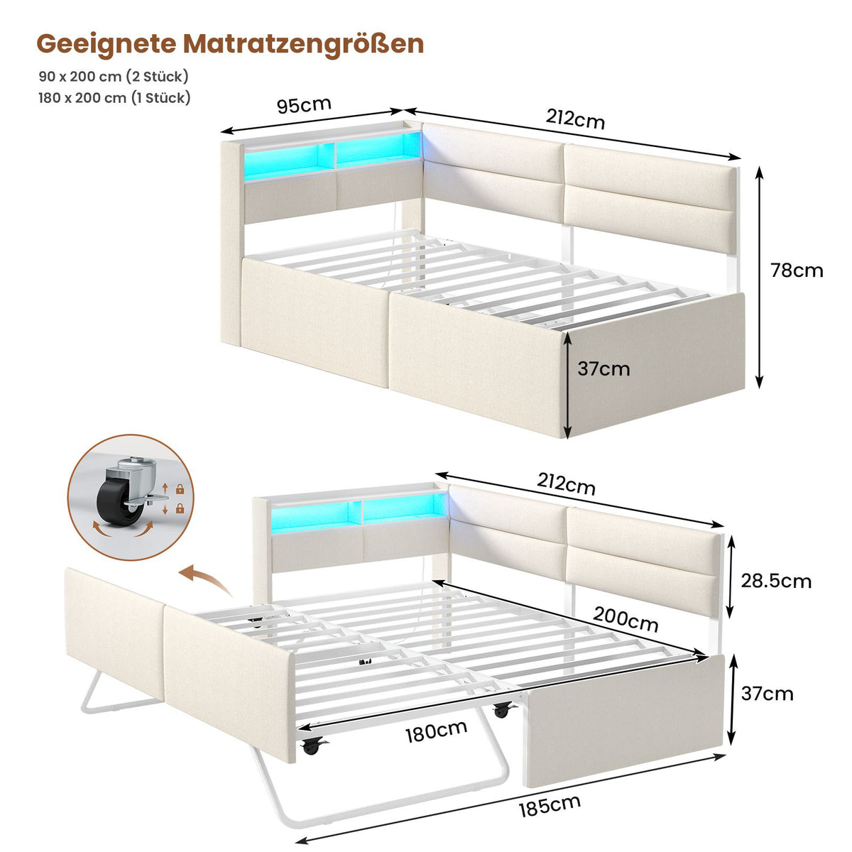 AOGLLATI Ausziehbares Schlafsofa 90/180×200 cm Tagesbett mit LED-Beleuchtung und Ladestation Polsterbett mit Ausziehbares Rollbett & Stauraum Kopfteil Einzelbett