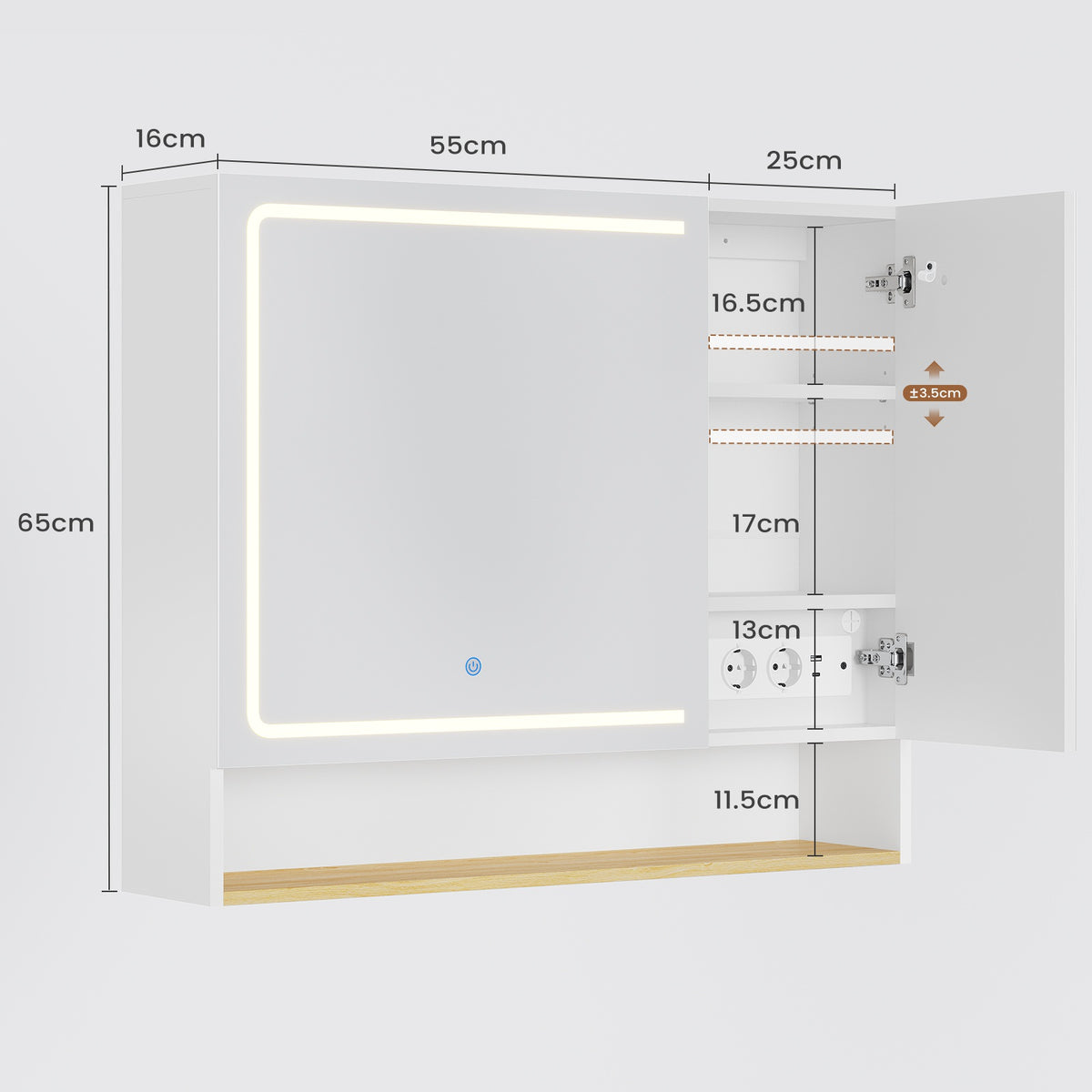 AOGLLATI Spiegelschrank Bad 80 cm breit mit LED-Beleuchtung & Steckdose Badezimmerschrank mit HD Spiegel & Verstellbarem Badschrank mit 2 Türen 3 Farbtemperaturen & Dimmbarer