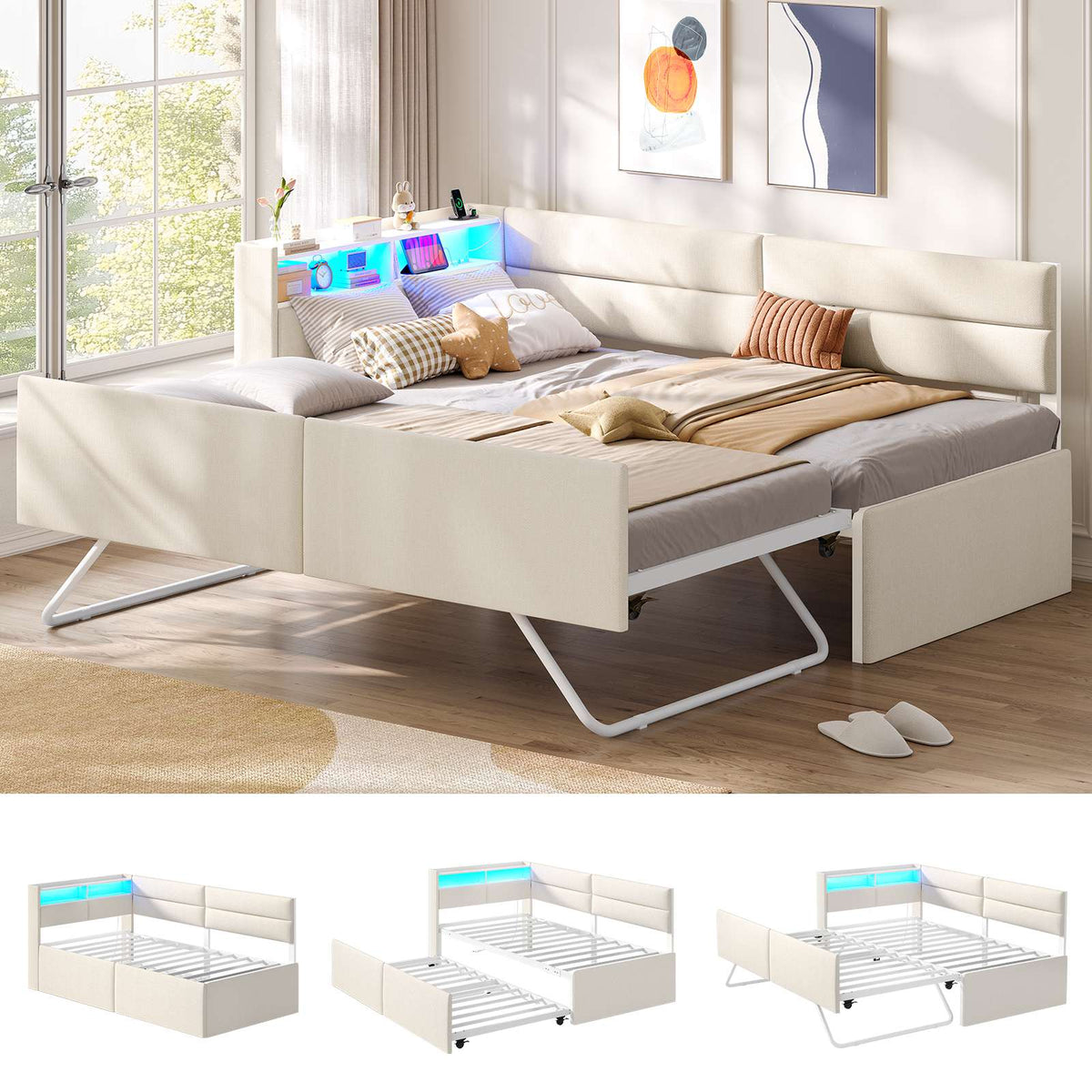 AOGLLATI Ausziehbares Schlafsofa 90/180×200 cm Tagesbett mit LED-Beleuchtung und Ladestation Polsterbett mit Ausziehbares Rollbett & Stauraum Kopfteil Einzelbett