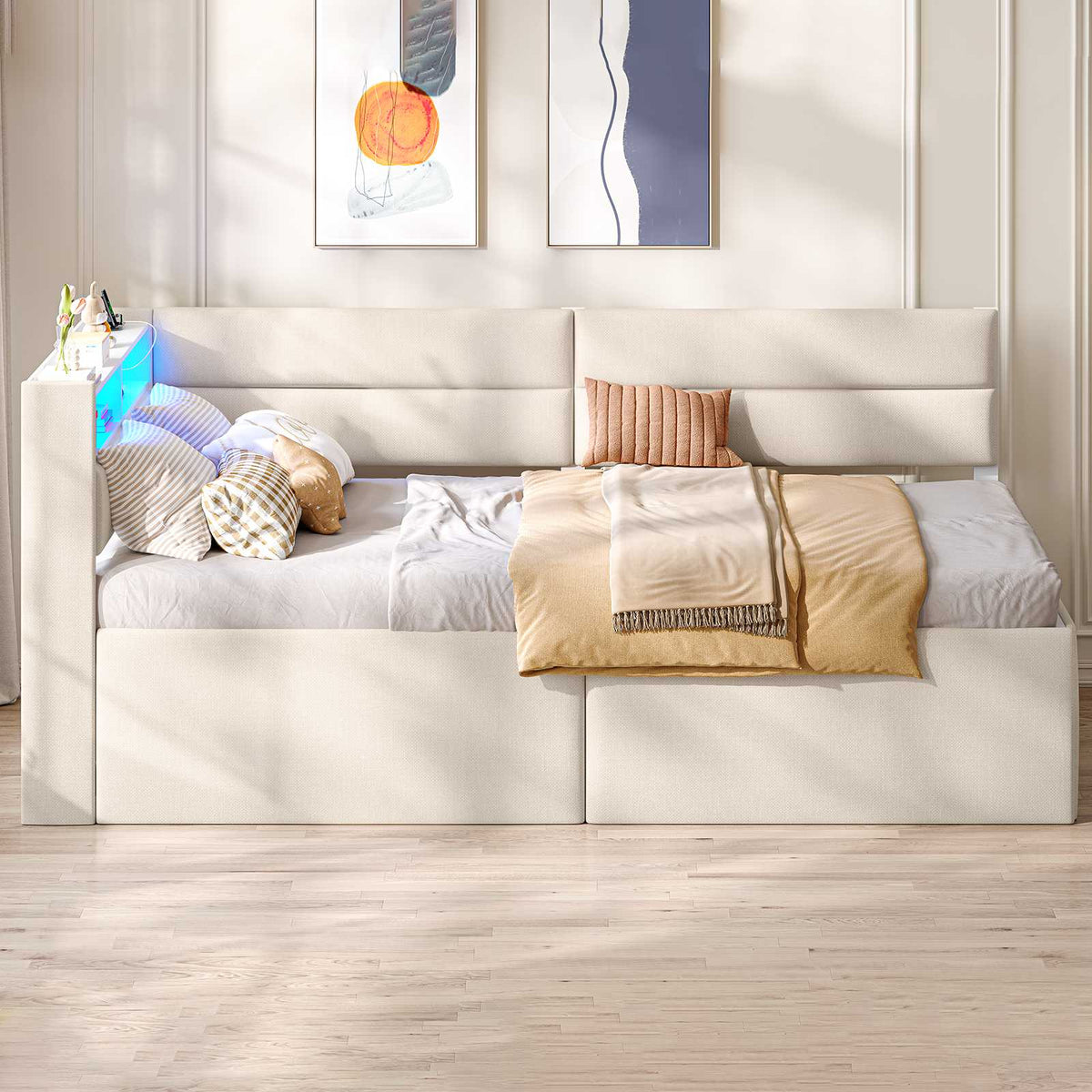 AOGLLATI Ausziehbares Schlafsofa 90/180×200 cm Tagesbett mit LED-Beleuchtung und Ladestation Polsterbett mit Ausziehbares Rollbett & Stauraum Kopfteil Einzelbett