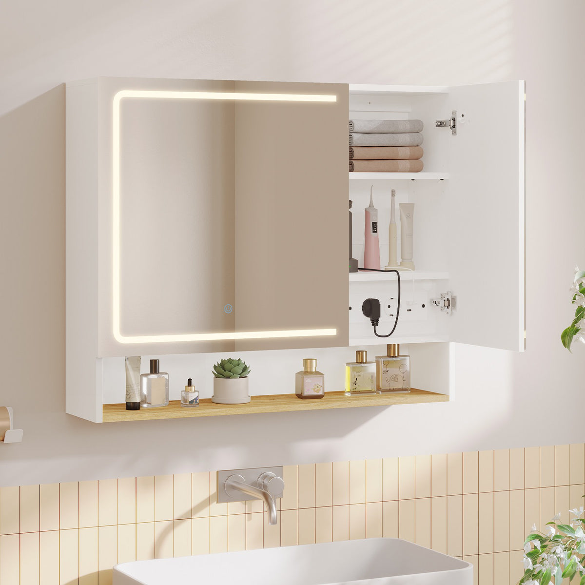 AOGLLATI Spiegelschrank Bad 80 cm breit mit LED-Beleuchtung & Steckdose Badezimmerschrank mit HD Spiegel & Verstellbarem Badschrank mit 2 Türen 3 Farbtemperaturen & Dimmbarer