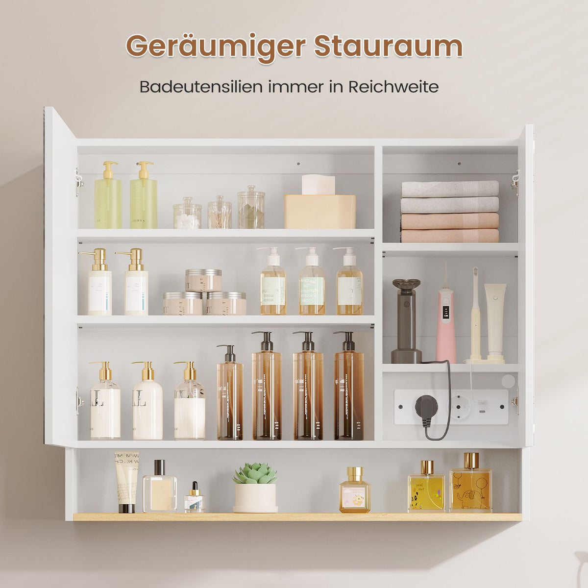 AOGLLATI Spiegelschrank Bad 80 cm breit mit LED-Beleuchtung & Steckdose Badezimmerschrank mit HD Spiegel & Verstellbarem Badschrank mit 2 Türen 3 Farbtemperaturen & Dimmbarer