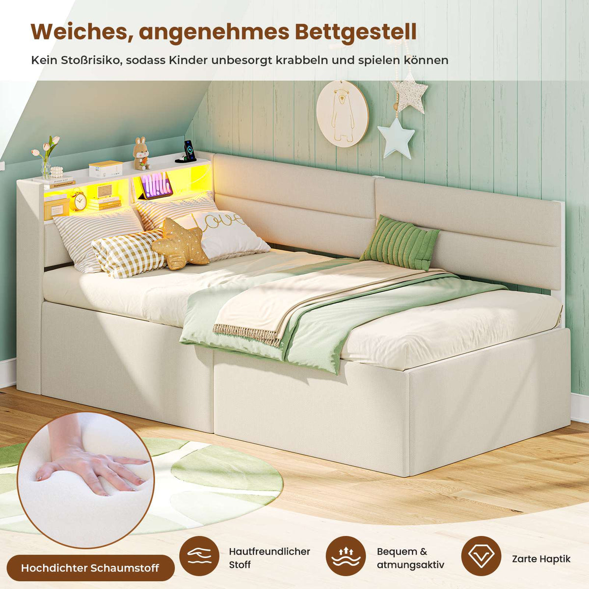 AOGLLATI Ausziehbares Schlafsofa 90/180×200 cm Tagesbett mit LED-Beleuchtung und Ladestation Polsterbett mit Ausziehbares Rollbett & Stauraum Kopfteil Einzelbett