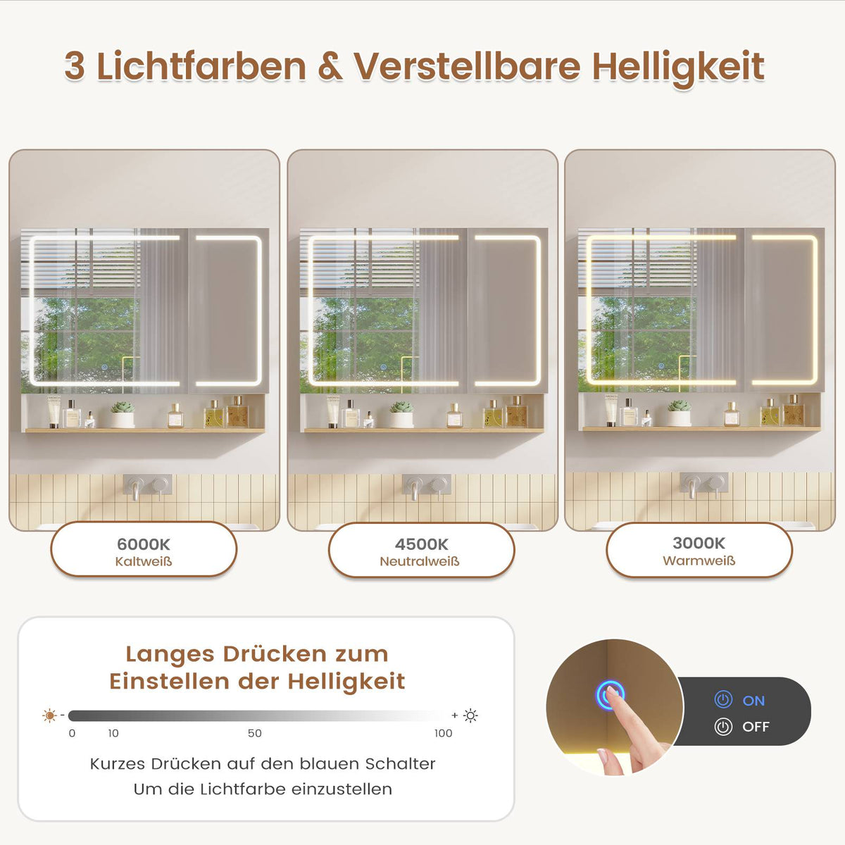 AOGLLATI Spiegelschrank Bad 80 cm breit mit LED-Beleuchtung & Steckdose Badezimmerschrank mit HD Spiegel & Verstellbarem Badschrank mit 2 Türen 3 Farbtemperaturen & Dimmbarer