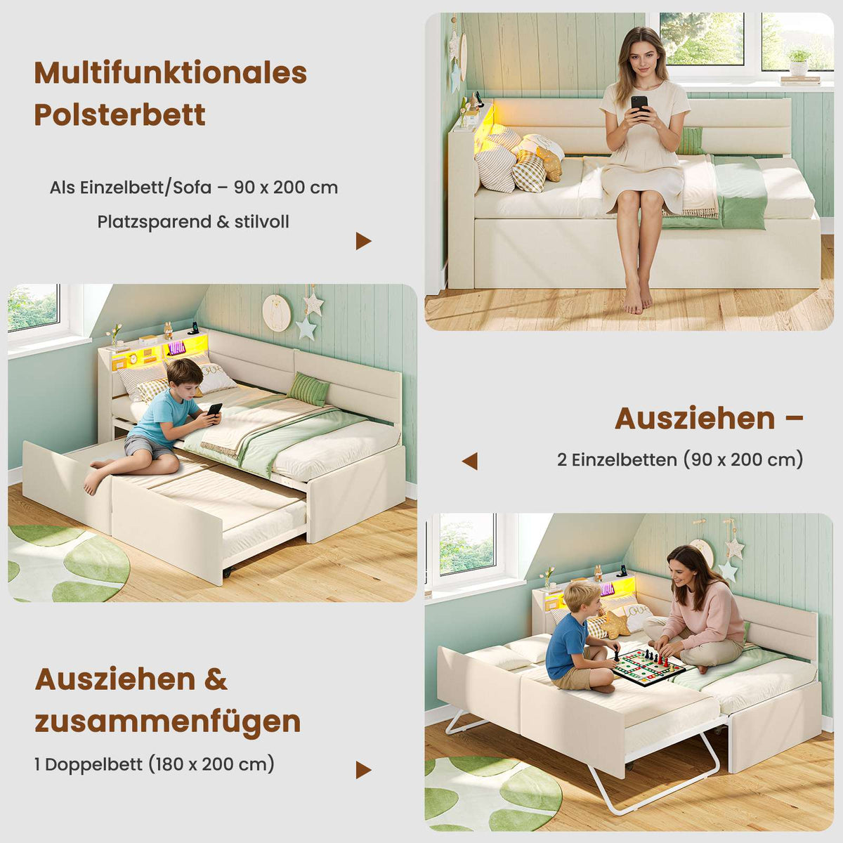 AOGLLATI Ausziehbares Schlafsofa 90/180×200 cm Tagesbett mit LED-Beleuchtung und Ladestation Polsterbett mit Ausziehbares Rollbett & Stauraum Kopfteil Einzelbett