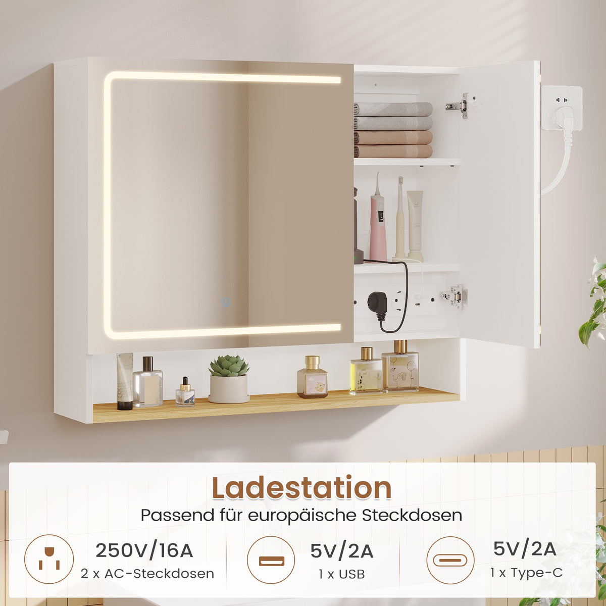 AOGLLATI Spiegelschrank Bad 80 cm breit mit LED-Beleuchtung & Steckdose Badezimmerschrank mit HD Spiegel & Verstellbarem Badschrank mit 2 Türen 3 Farbtemperaturen & Dimmbarer