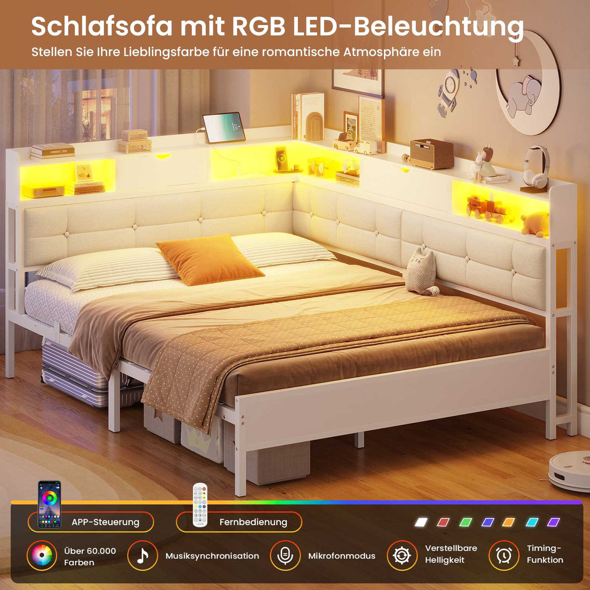 AOGLLATI Polsterbett 140x200 mit 6 Staufächern LED-Beleuchtung Steckdosen und USB-Anschluss Schlafsofa Jugendbett Tagesbett Gästebett Bettgestell mit Lattenrost aus Metall