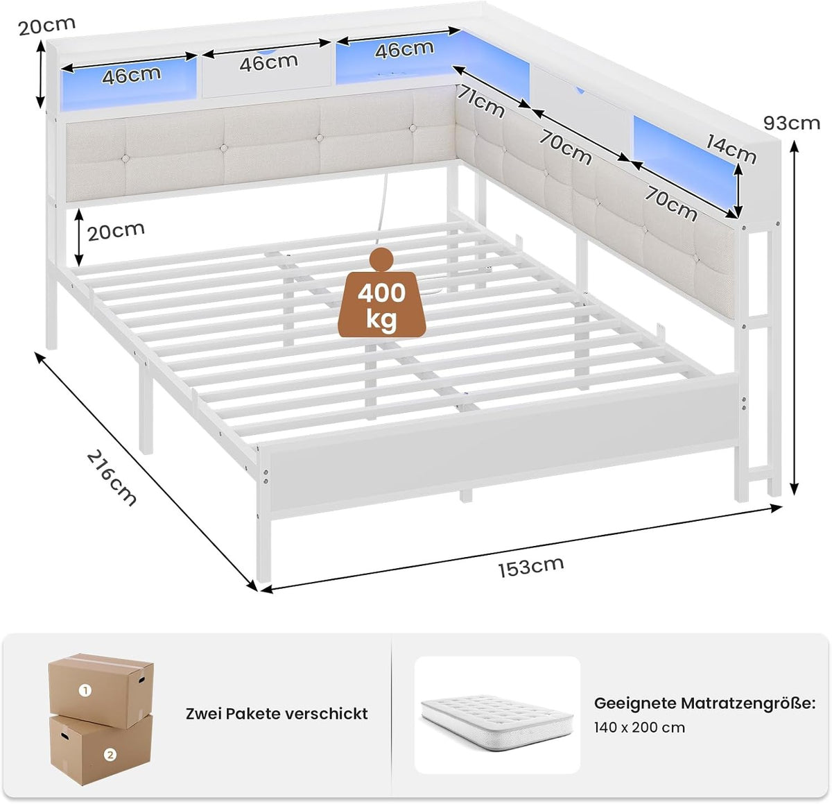 AOGLLATI Polsterbett 140x200 mit 6 Staufächern LED-Beleuchtung Steckdosen und USB-Anschluss Schlafsofa Jugendbett Tagesbett Gästebett Bettgestell mit Lattenrost aus Metall