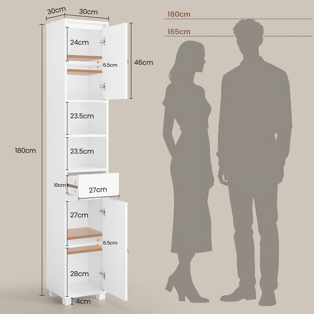 AOGLLATI Badezimmerschrank Badezimmer Hochschrank mit verstellbaren Ablagen Schublade offenen Fächern Platzsparender Badschrank für Badezimmer