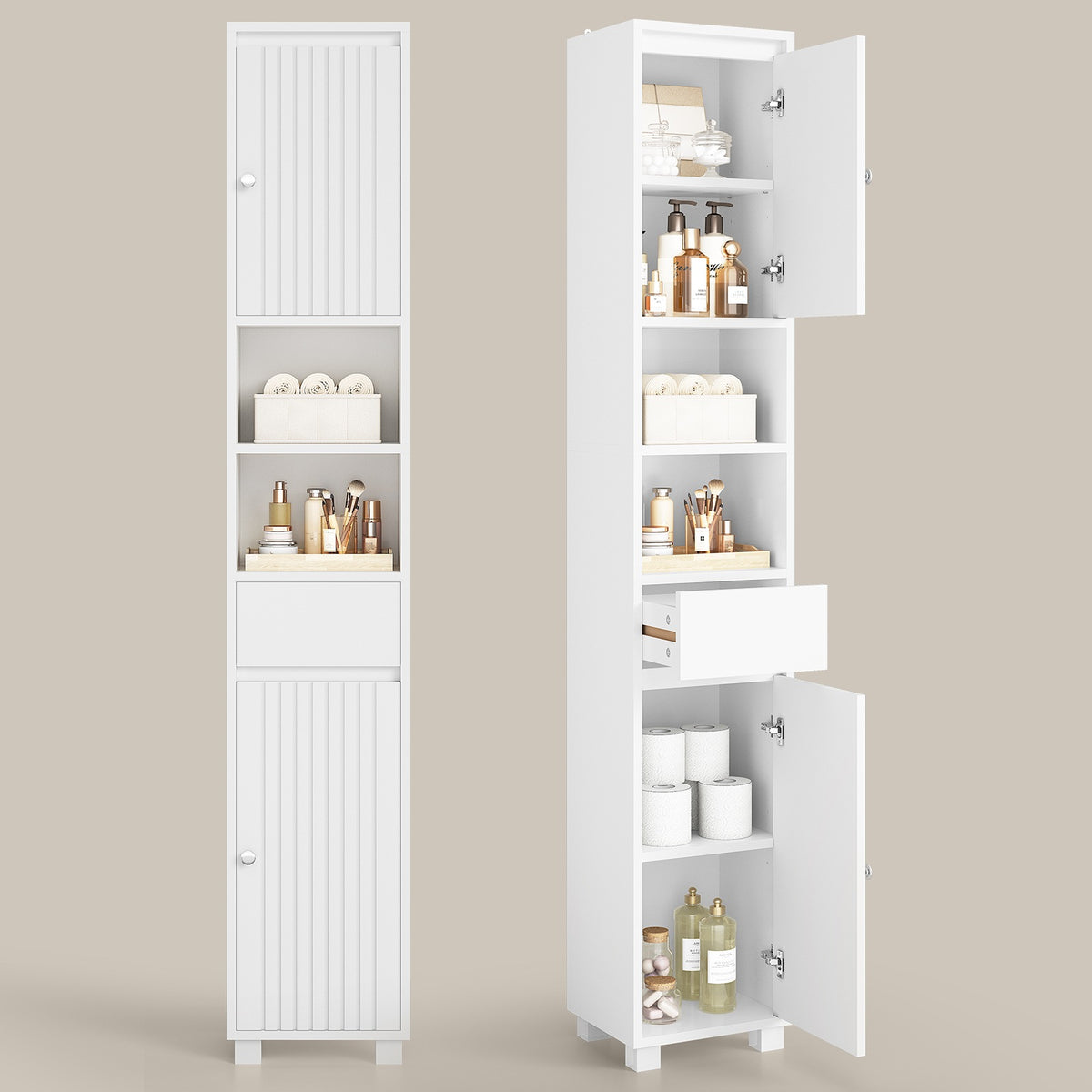 AOGLLATI Badezimmerschrank Badezimmer Hochschrank mit verstellbaren Ablagen Schublade offenen Fächern Platzsparender Badschrank für Badezimmer