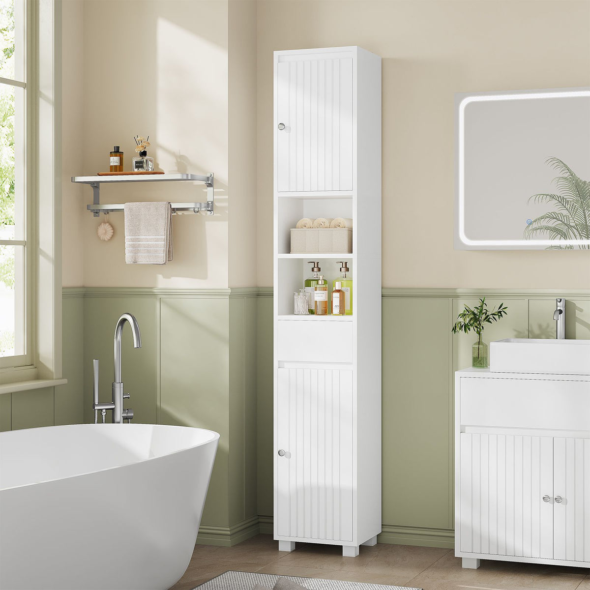 AOGLLATI Badezimmerschrank Badezimmer Hochschrank mit verstellbaren Ablagen Schublade offenen Fächern Platzsparender Badschrank für Badezimmer
