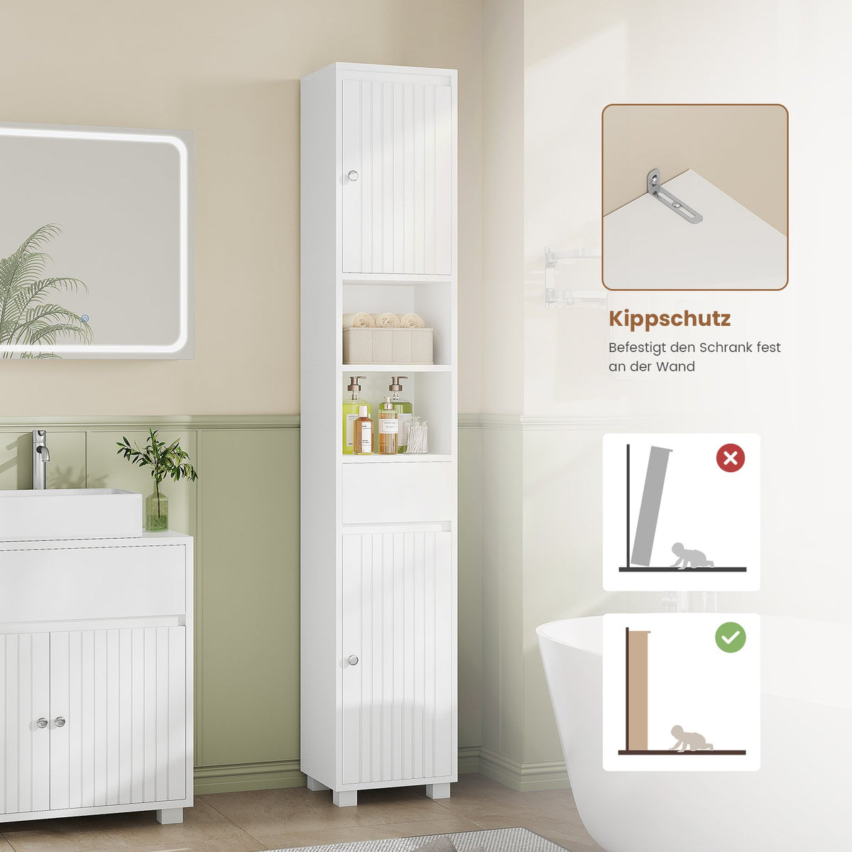 AOGLLATI Badezimmerschrank Badezimmer Hochschrank mit verstellbaren Ablagen Schublade offenen Fächern Platzsparender Badschrank für Badezimmer
