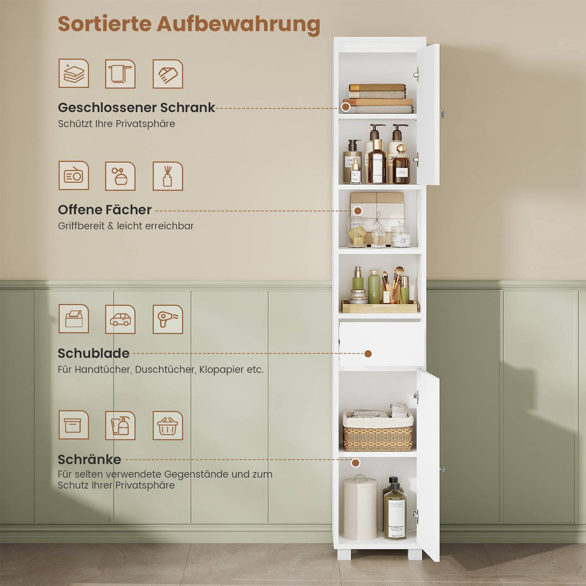 AOGLLATI Badezimmerschrank Badezimmer Hochschrank mit verstellbaren Ablagen Schublade offenen Fächern Platzsparender Badschrank für Badezimmer