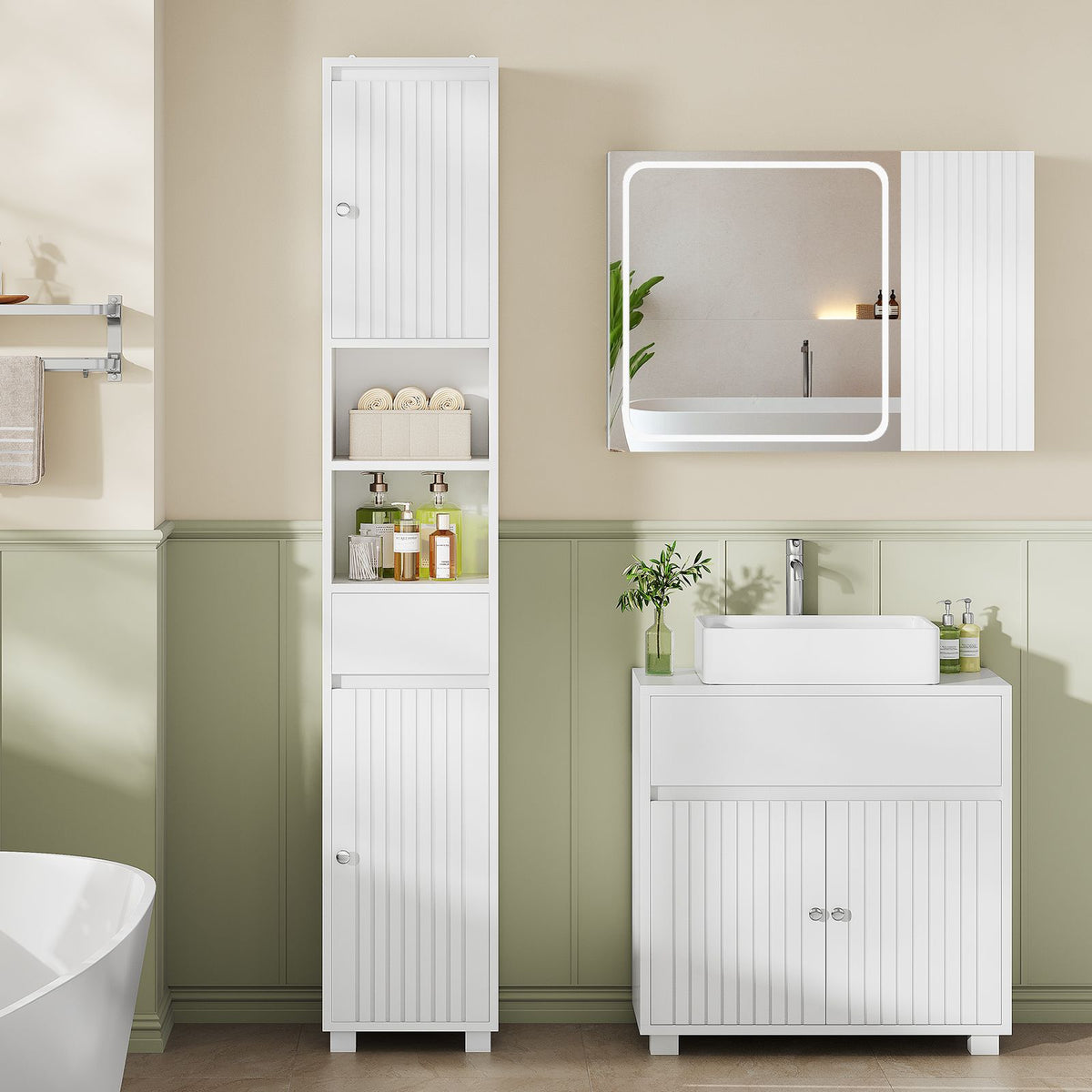 AOGLLATI Badezimmerschrank Badezimmer Hochschrank mit verstellbaren Ablagen Schublade offenen Fächern Platzsparender Badschrank für Badezimmer
