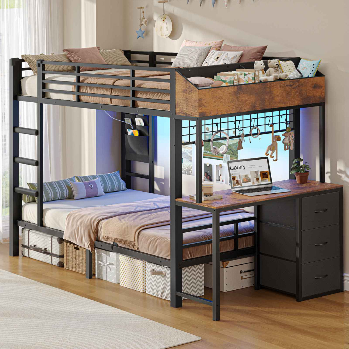 AOGLLATI Hochbett 90x200 Etagenbett mit Schreibtisch Jugendbett 90x200 mit LED Beleuchtung & Ladestation Bunk Bed Loft Bed mit Schreibtisch & Stauraum