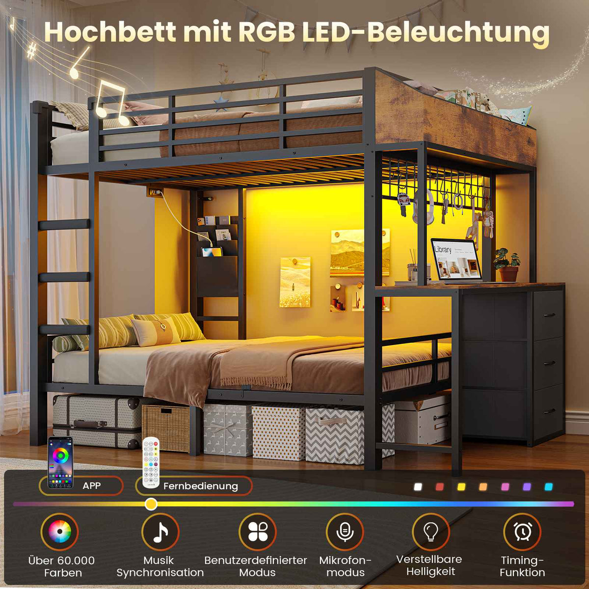 AOGLLATI Hochbett 90x200 Etagenbett mit Schreibtisch Jugendbett 90x200 mit LED Beleuchtung & Ladestation Bunk Bed Loft Bed mit Schreibtisch & Stauraum